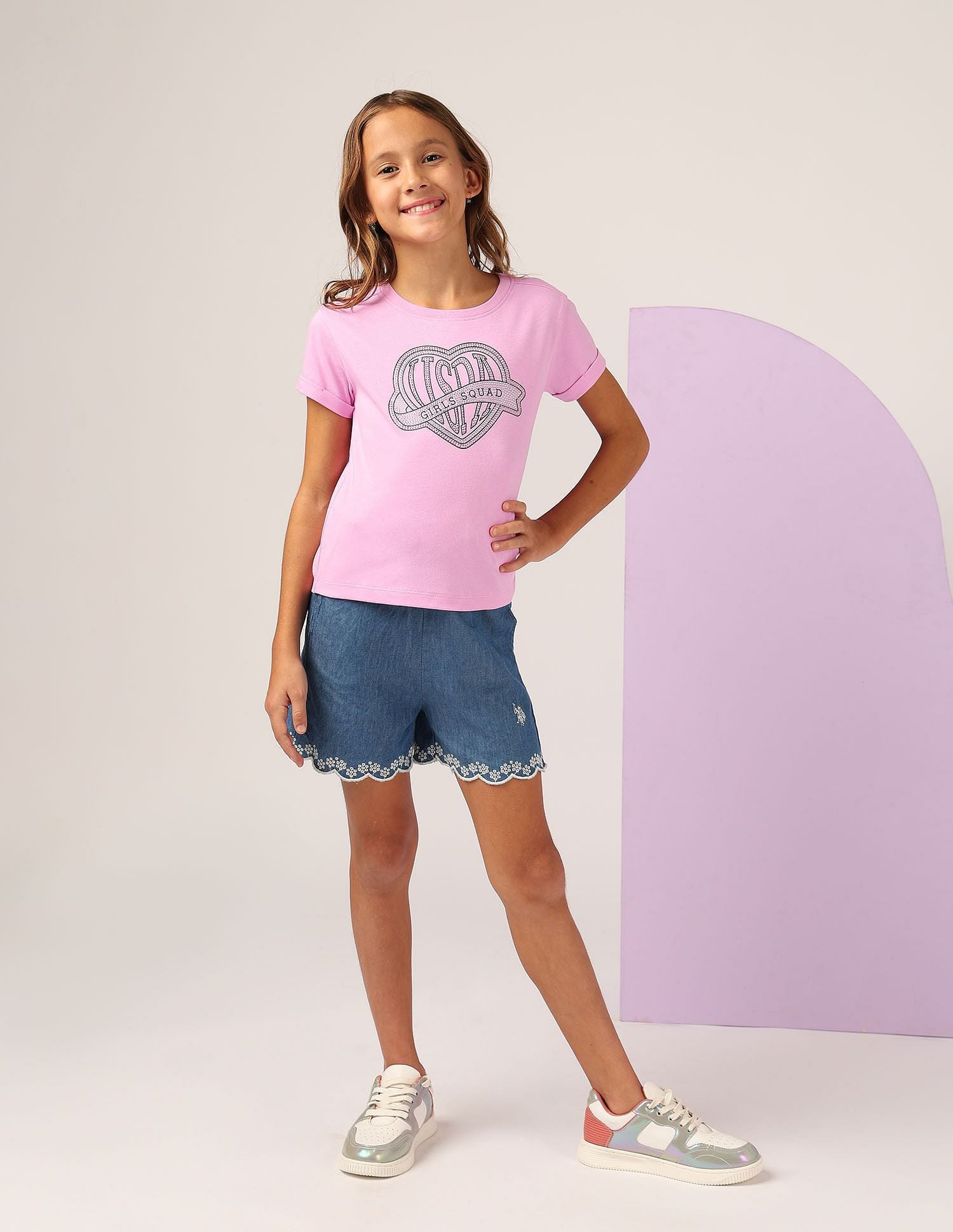 Girls Stud Detailed Relaxed Fit T-Shirt Pink - U.S. POLO ASSN. | Large
