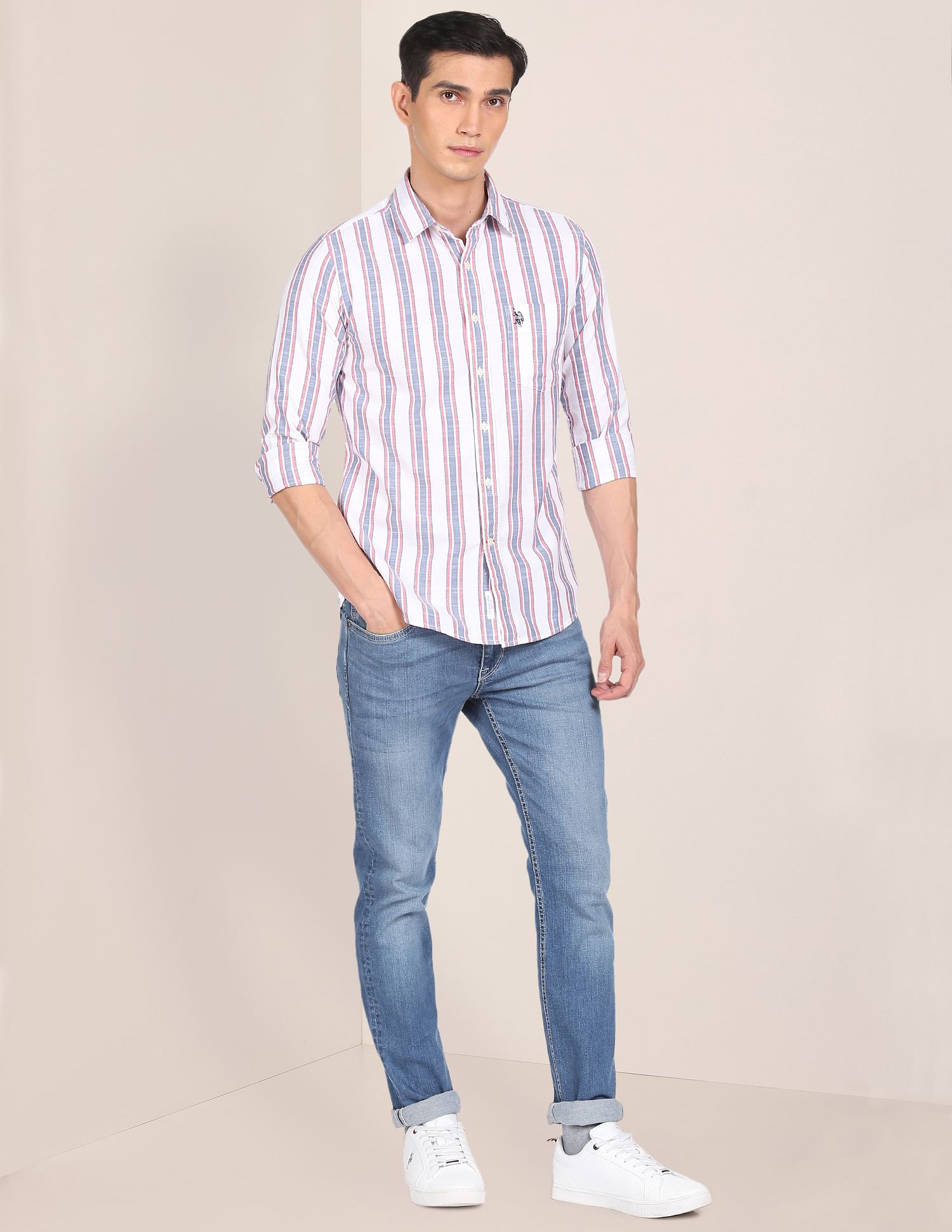 Men White Regular Fit Striped Casual Shirt White - U.S. Polo Assn. India | Large