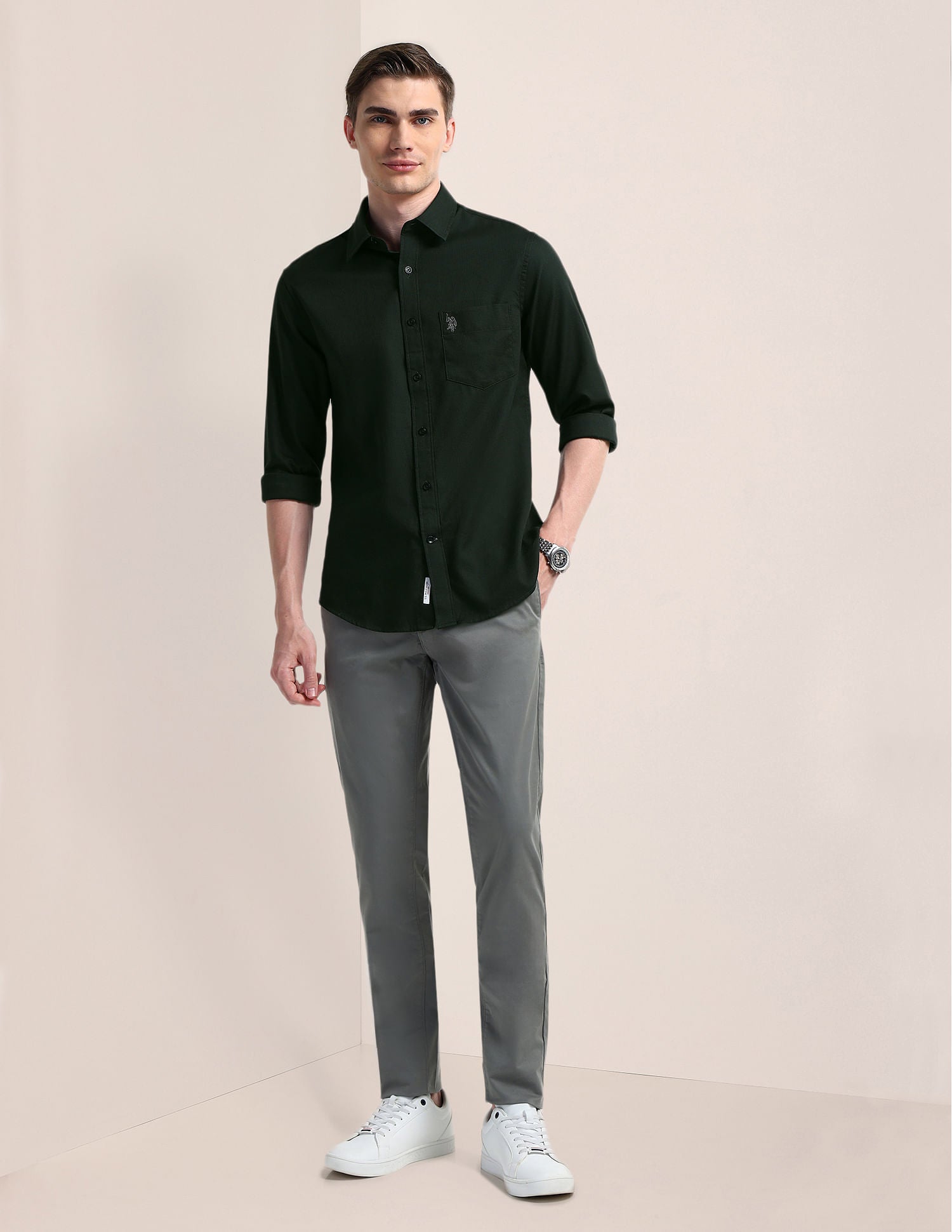 Cutaway Collar Premium Cotton Shirt Green - U.S. POLO ASSN. | Large