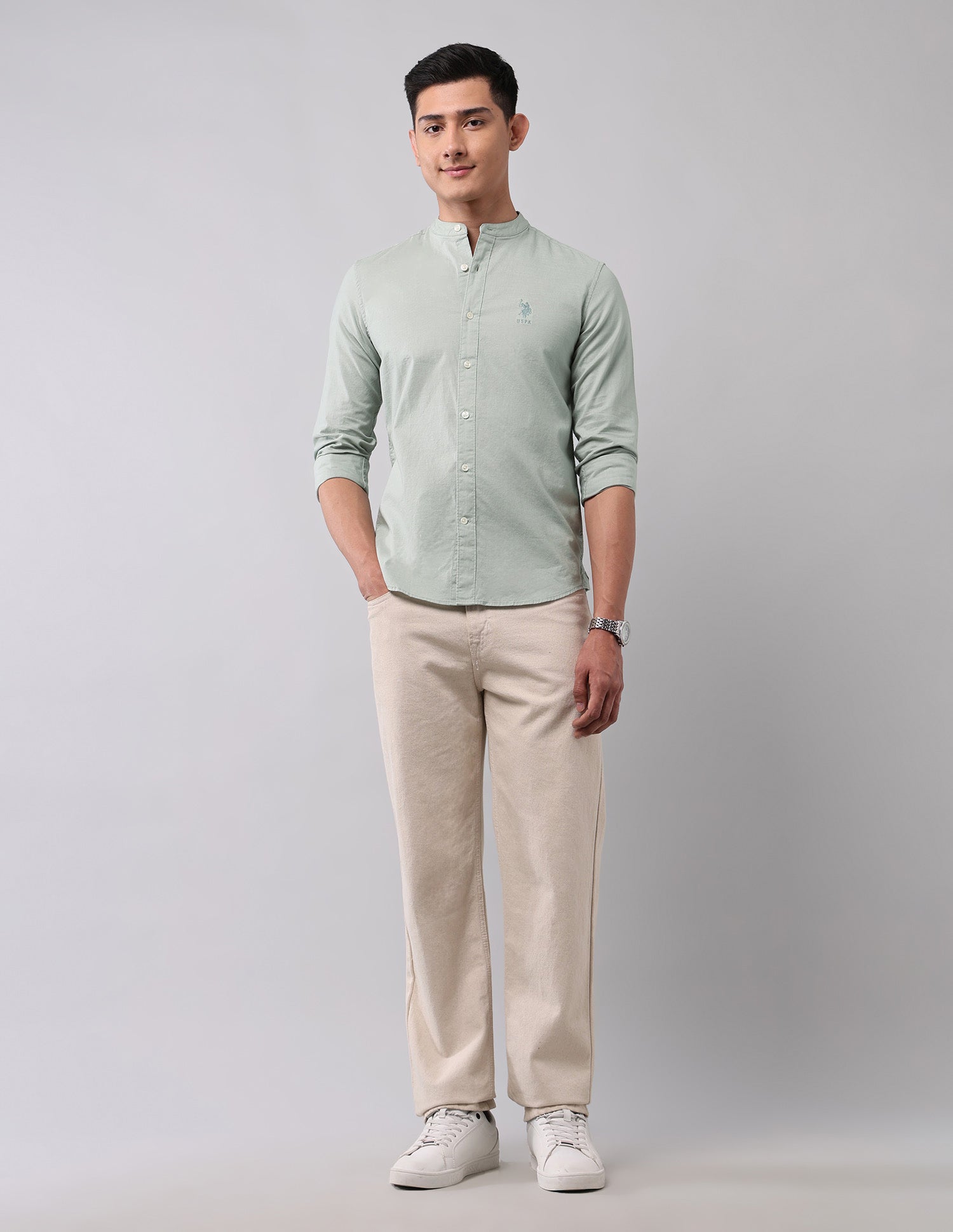 Slim Fit Poplin Mandarin Shirt Light Green - U.S. Polo Assn. India | Large