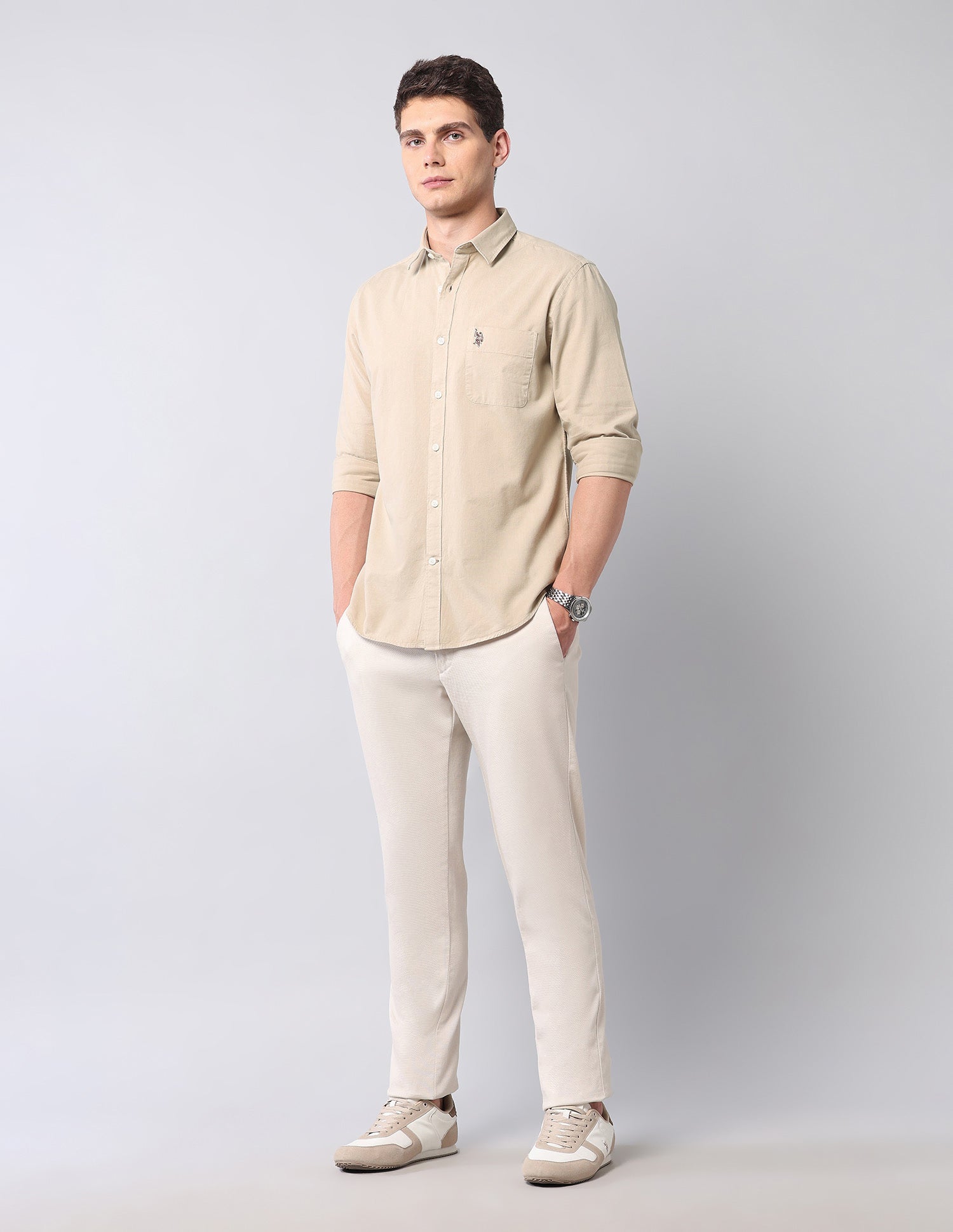 Slim Fit Pure Cotton Twill Shirt Beige - U.S. POLO ASSN. | Large