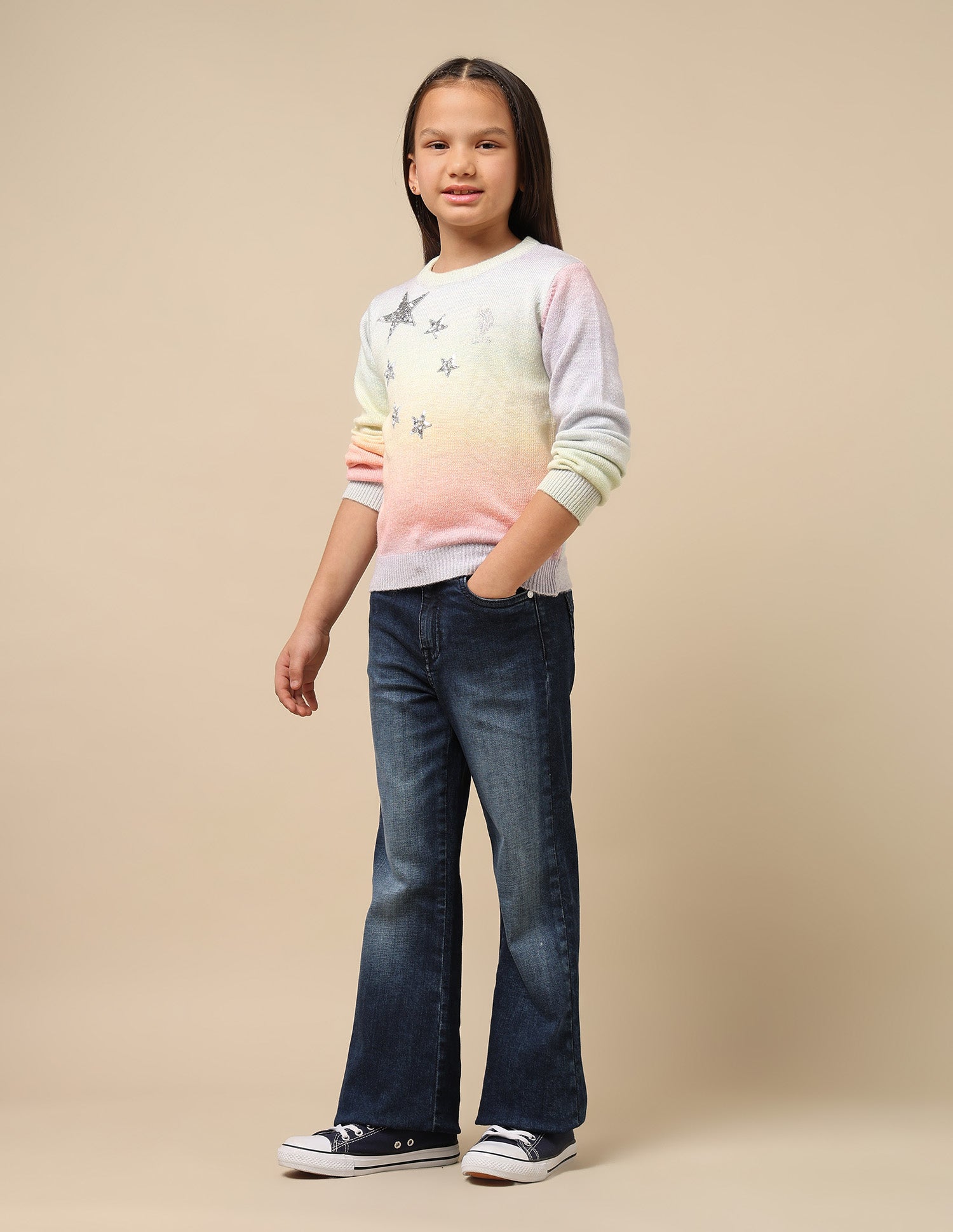 GirlsCrew Neck Embellished Sweater Pink and Grey - U.S. POLO ASSN. | Large