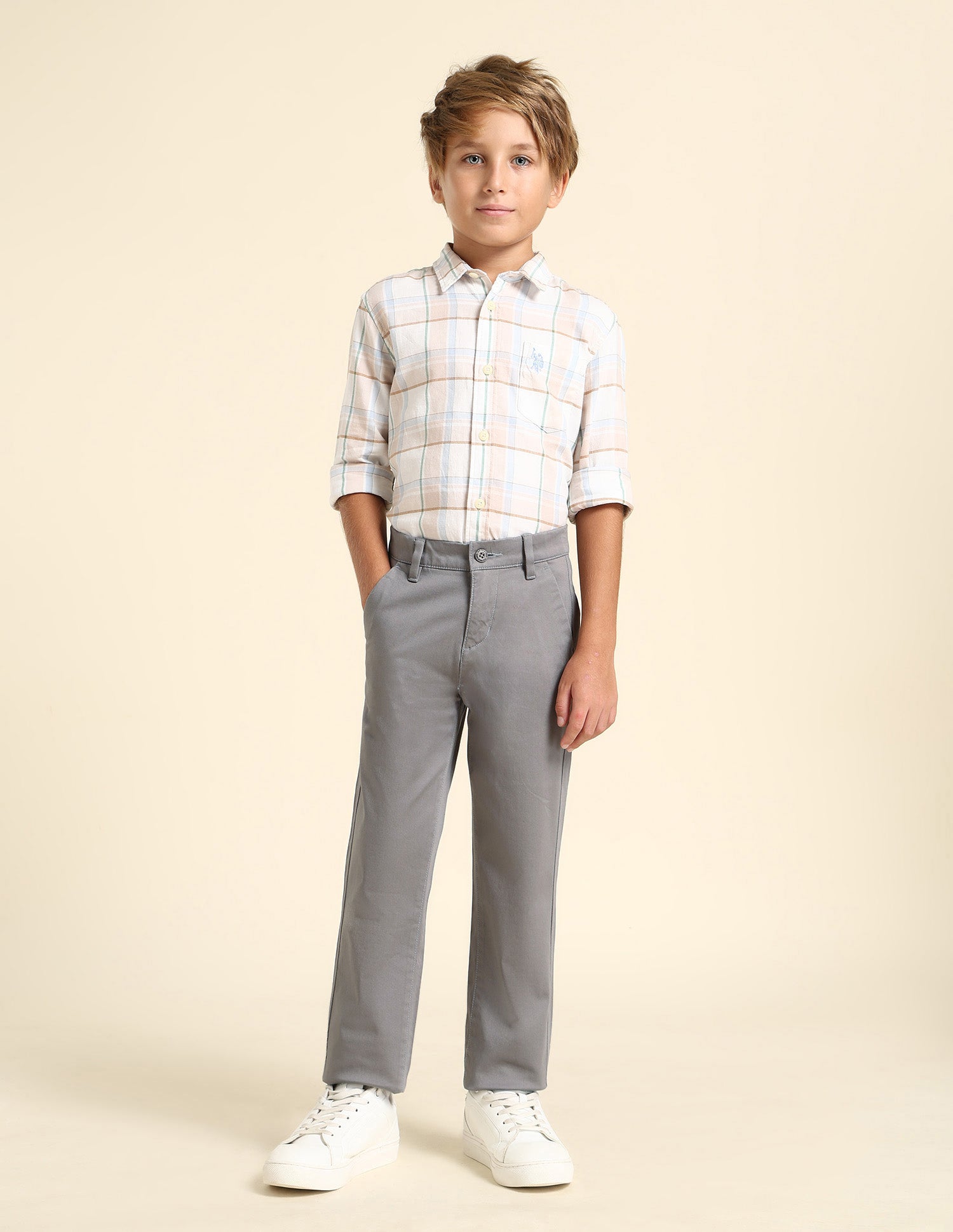 Boys Slim Fit Solid Trousers Grey - U.S. POLO ASSN. | Large