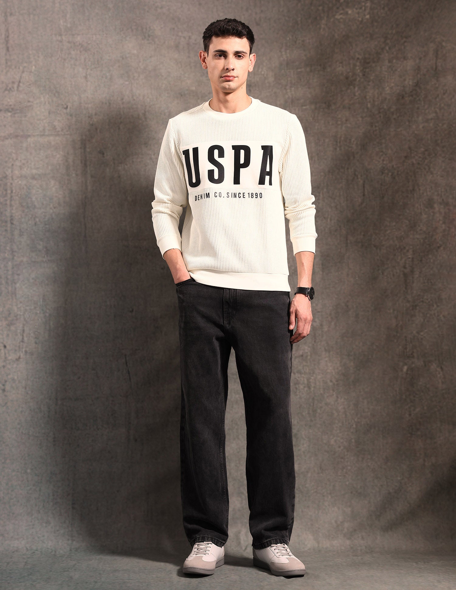 Brand Printed Textured Black & Gold Sweatshirt Ivory - U.S. POLO ASSN. | Large