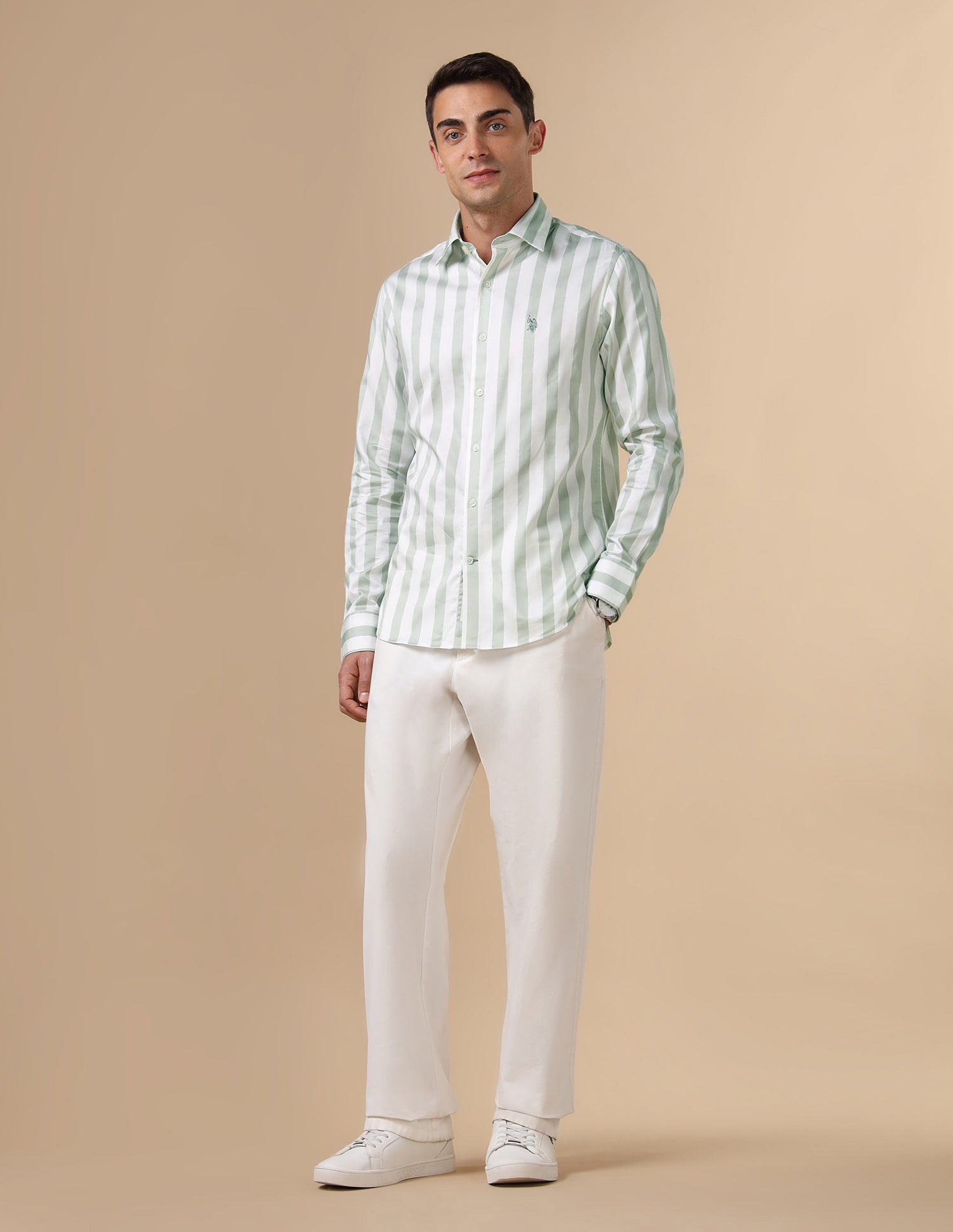 Vertical Striped Pure Cotton Shirt Light Green - U.S. POLO ASSN. | Large