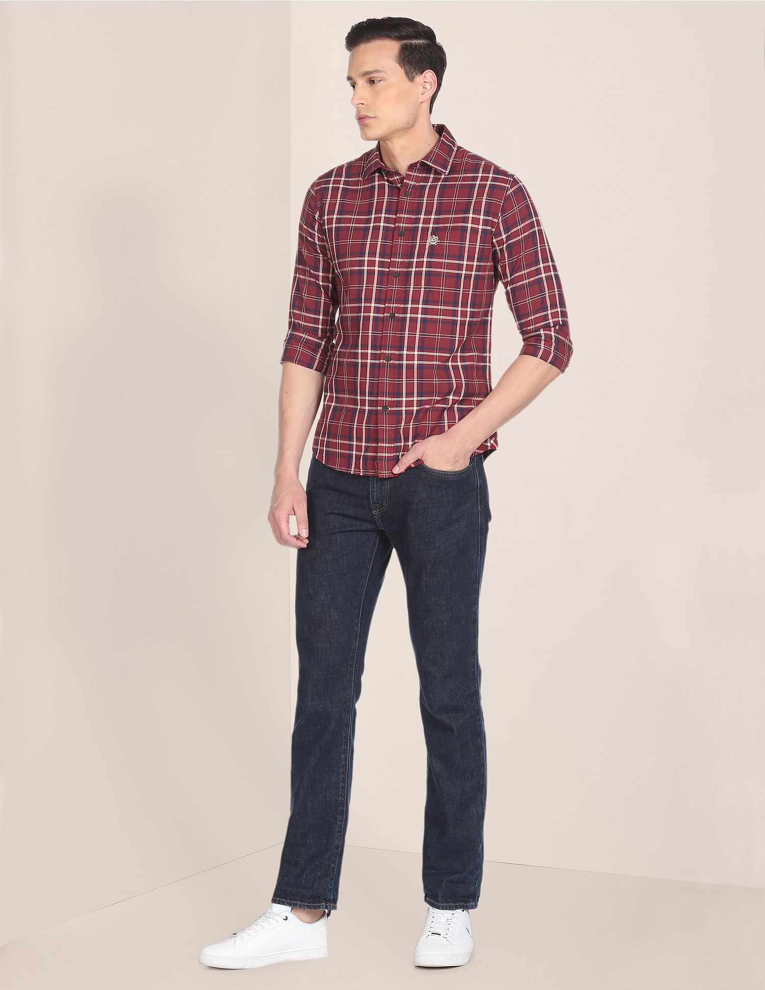 Men Maroon Regular Fit Check Casual Shirt Maroon - U.S. POLO ASSN. | Large