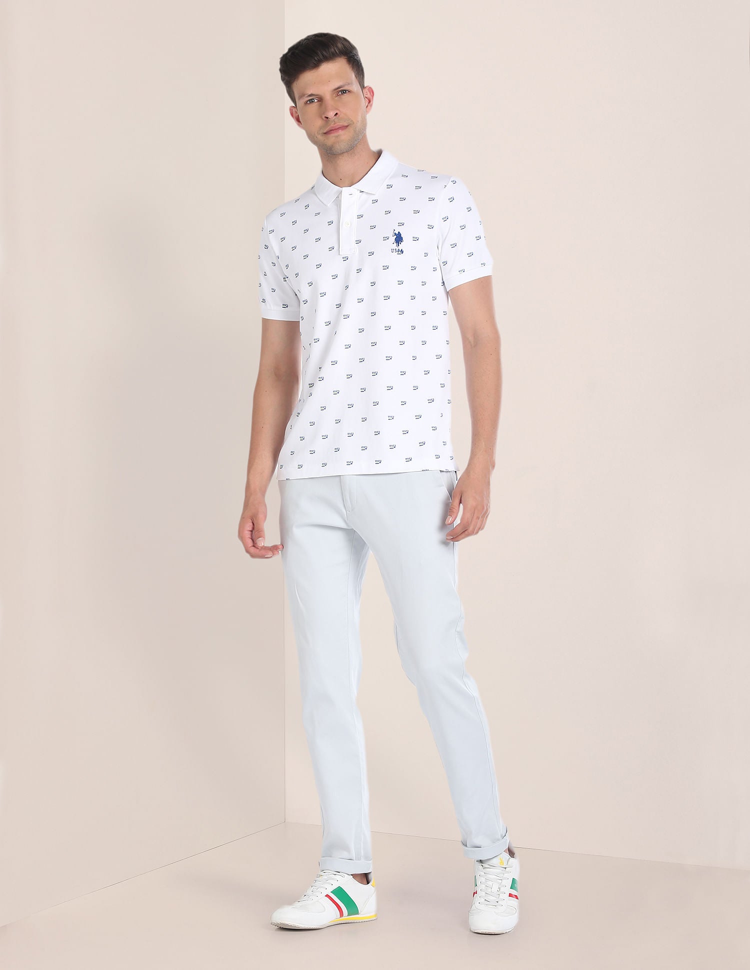 Brand Print Slim Polo Shirt White - U.S. Polo Assn. India | Large