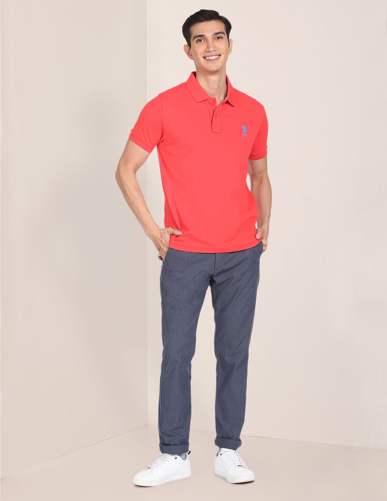 Ribbed Collar Solid Polo Shirt Coral - U.S. POLO ASSN. | Large