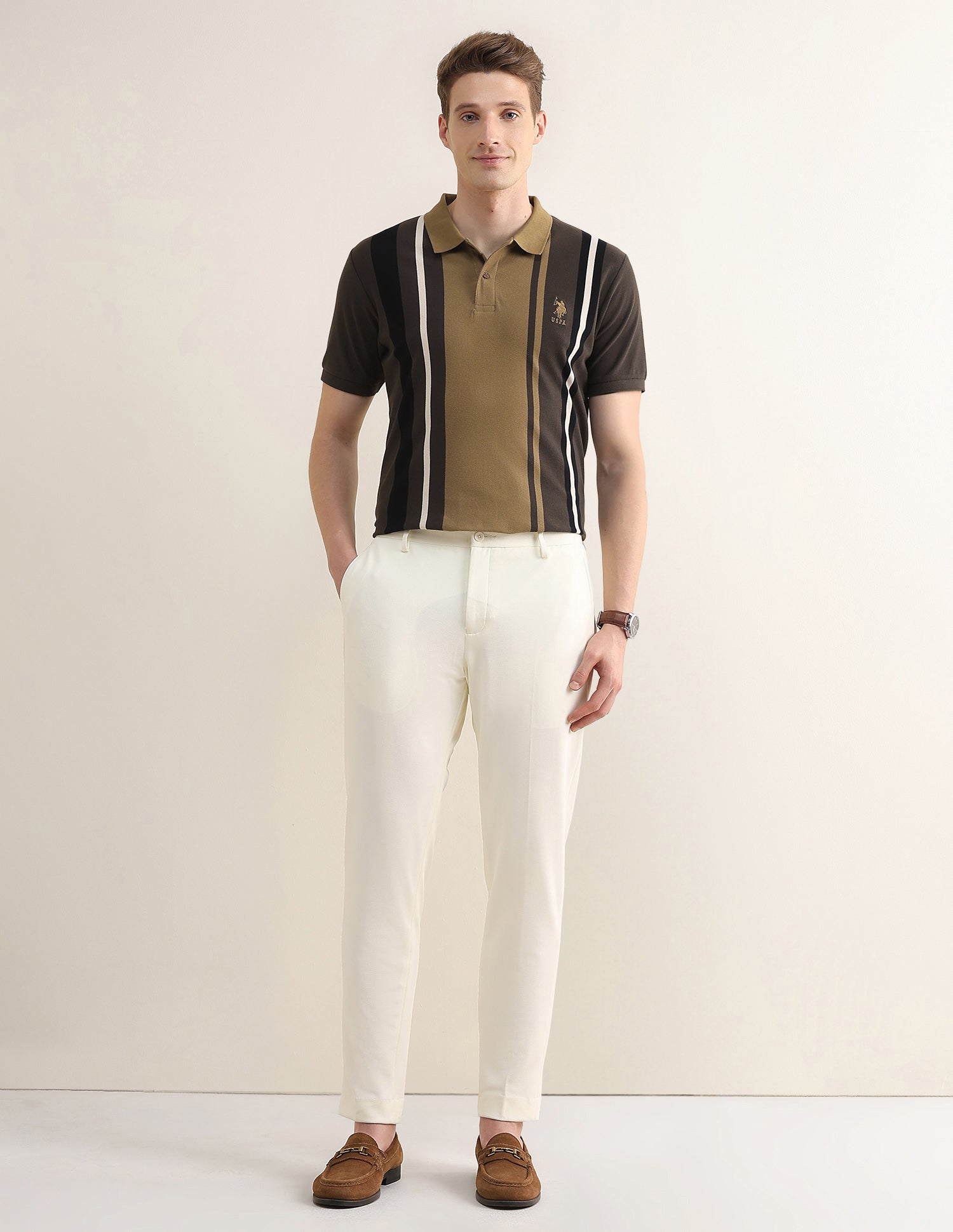 Colourblocked Striped Slim Fit Polo Shirt Olive - U.S. Polo Assn. India | Large