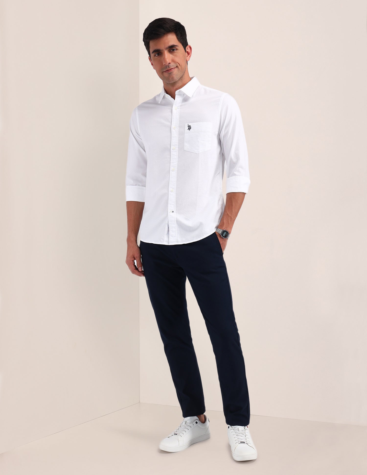 Solid Pattern Dobby Shirt White - U.S. Polo Assn. India | Large