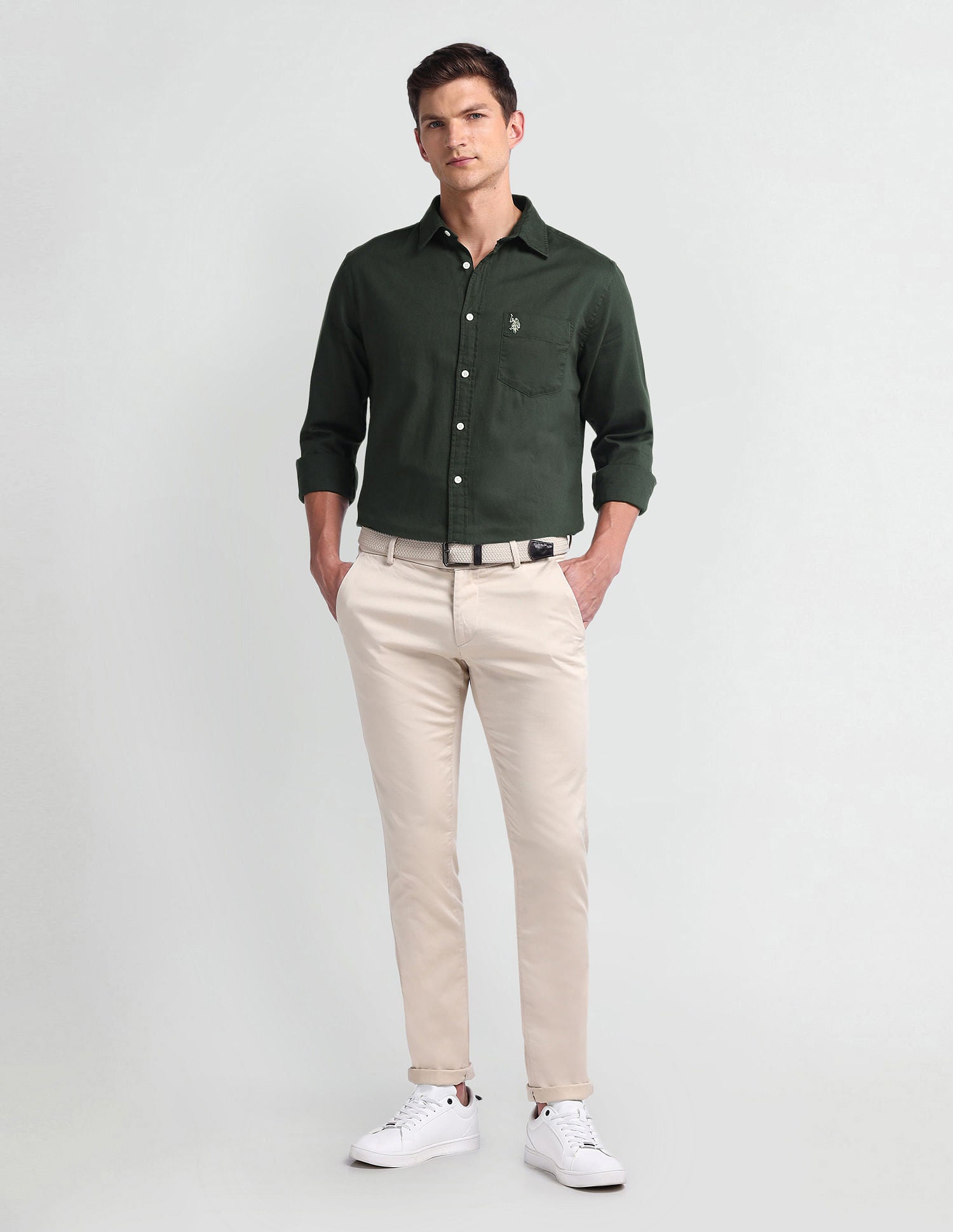 Semi Cutaway Collar Tailored Fit Shirt Olive - U.S. Polo Assn. India | Large