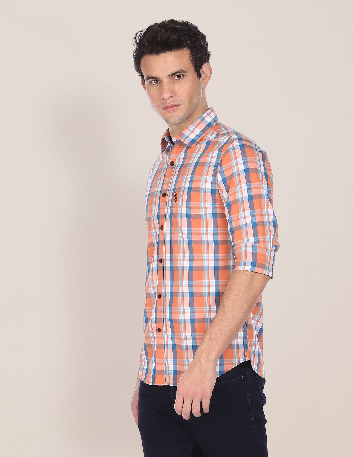 Men Orange Spread Collar Check Casual Shirt Orange - U.S. POLO ASSN. | Large