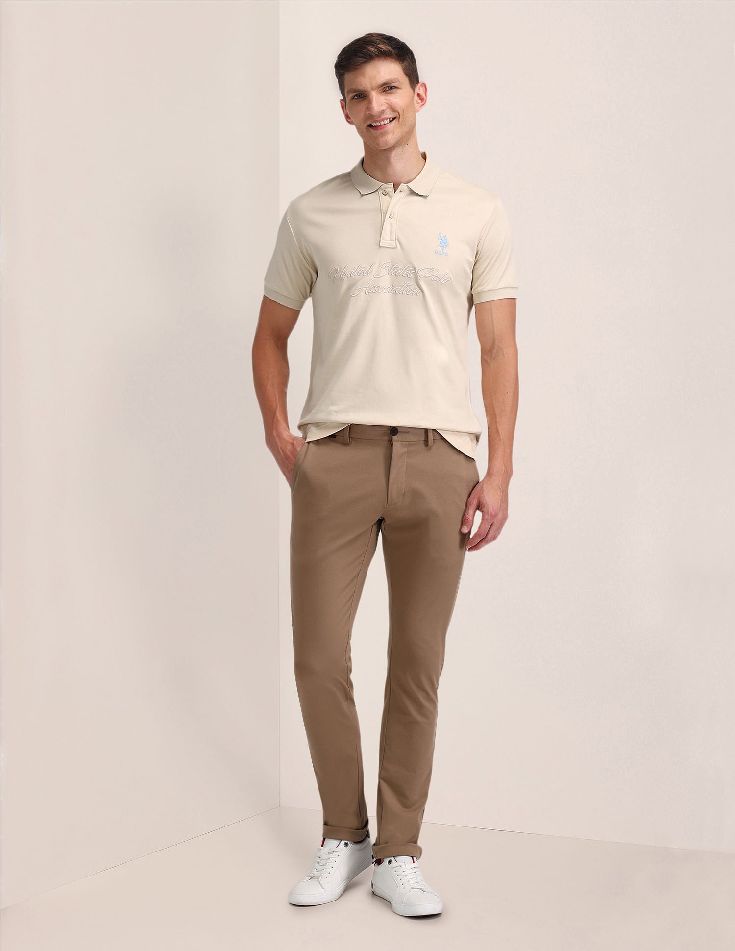 Slim Fit Printed Polo Shirt Beige - U.S. Polo Assn. India | Large