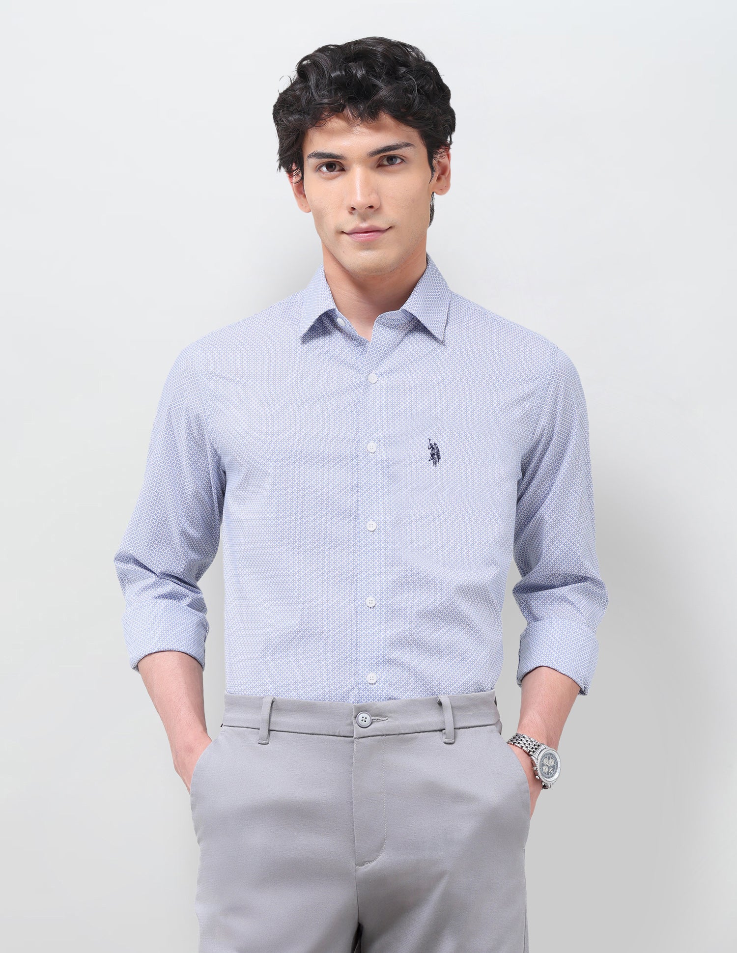 Geometric Printed Poplin Shirt Blue - U.S. Polo Assn. India | Large