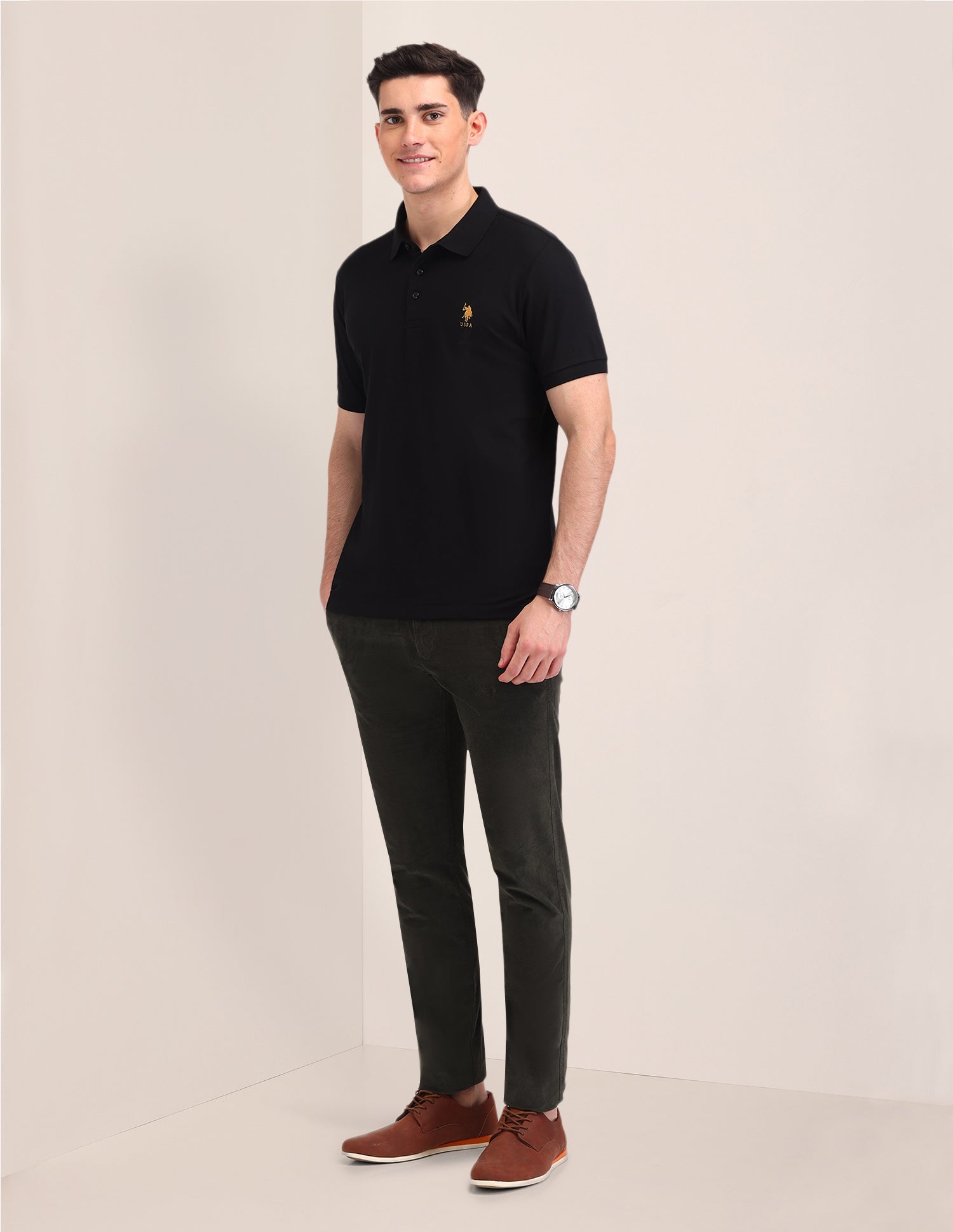 Solid Pattern Cotton Polo Shirt Black - U.S. Polo Assn. India | Large