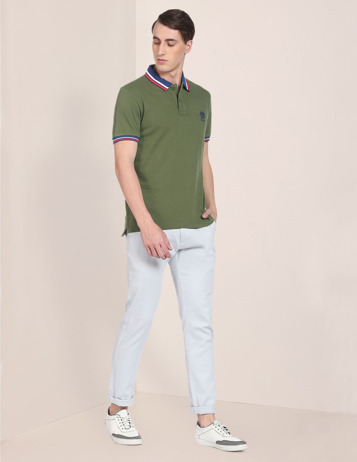 Striped Collar Brand Logo Polo Shirt Olive - U.S. Polo Assn. India | Large