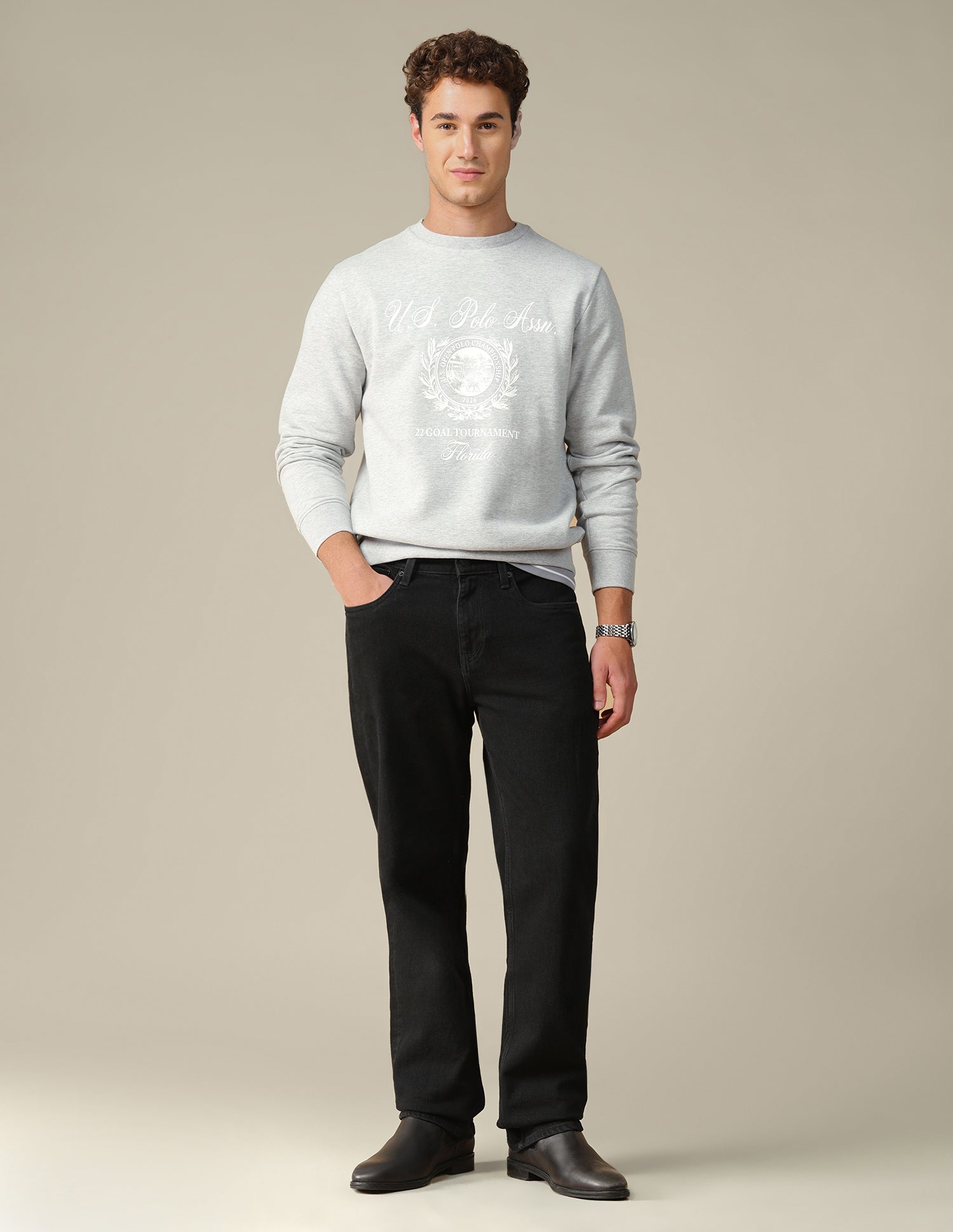 Graphic Brand Printed Regular Fit Sweatshirt Ecru Melange - U.S. Polo Assn. India | Large