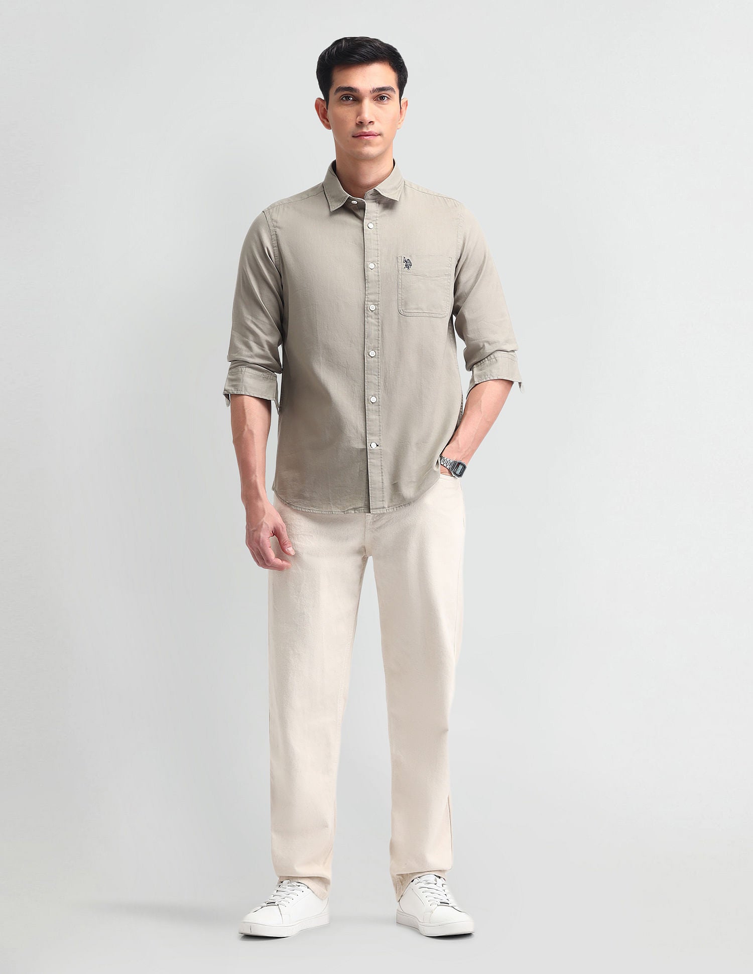 Slim Fit Solid Twill Shirt Grey - U.S. Polo Assn. India | Large
