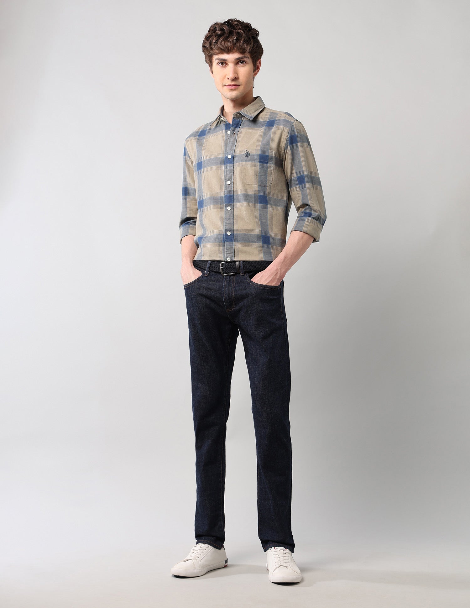 Windowpane Checked Pure Cotton Shirt Khaki - U.S. Polo Assn. India | Large