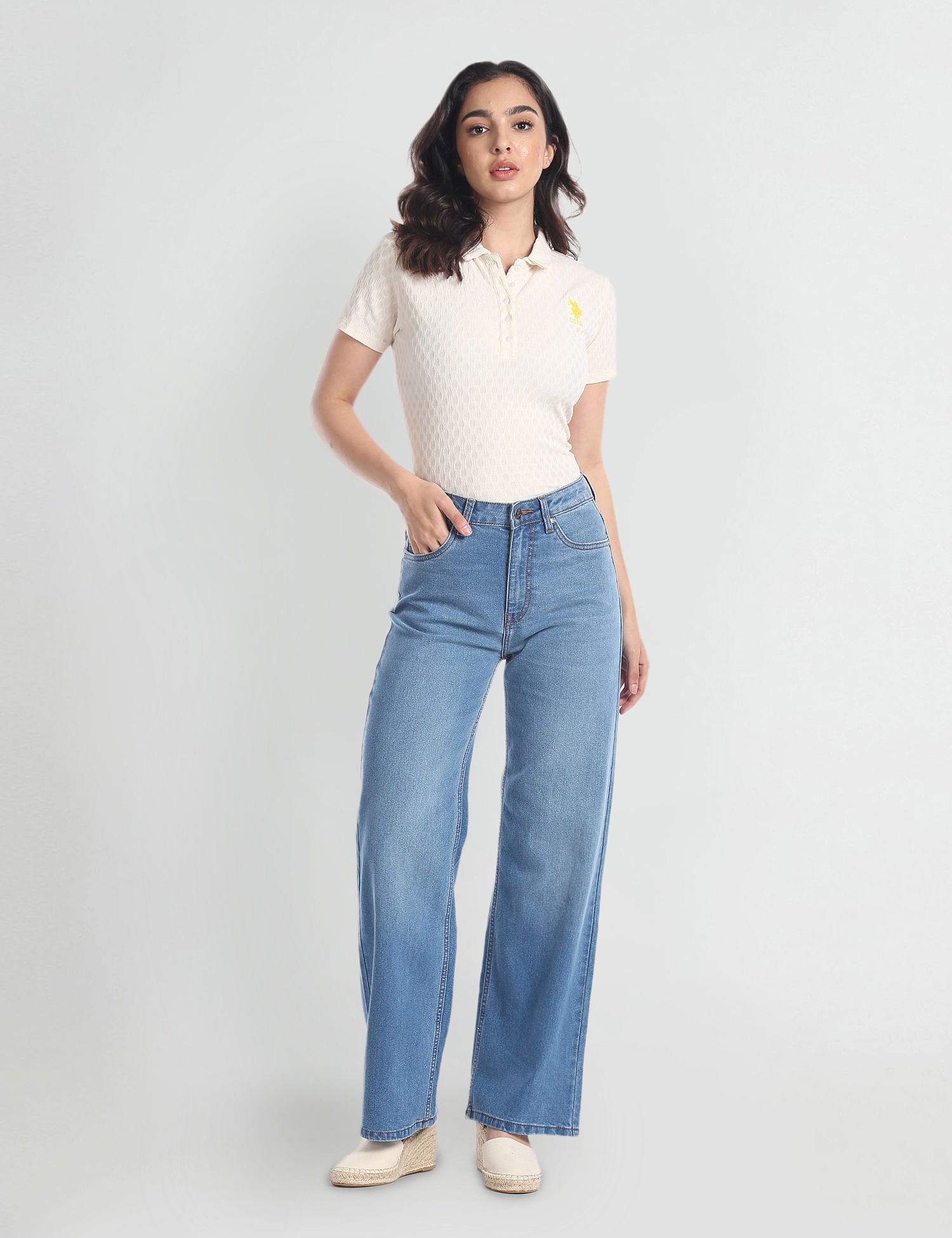 Wide Leg Stone Wash Jeans Blue - U.S. POLO ASSN. | Large