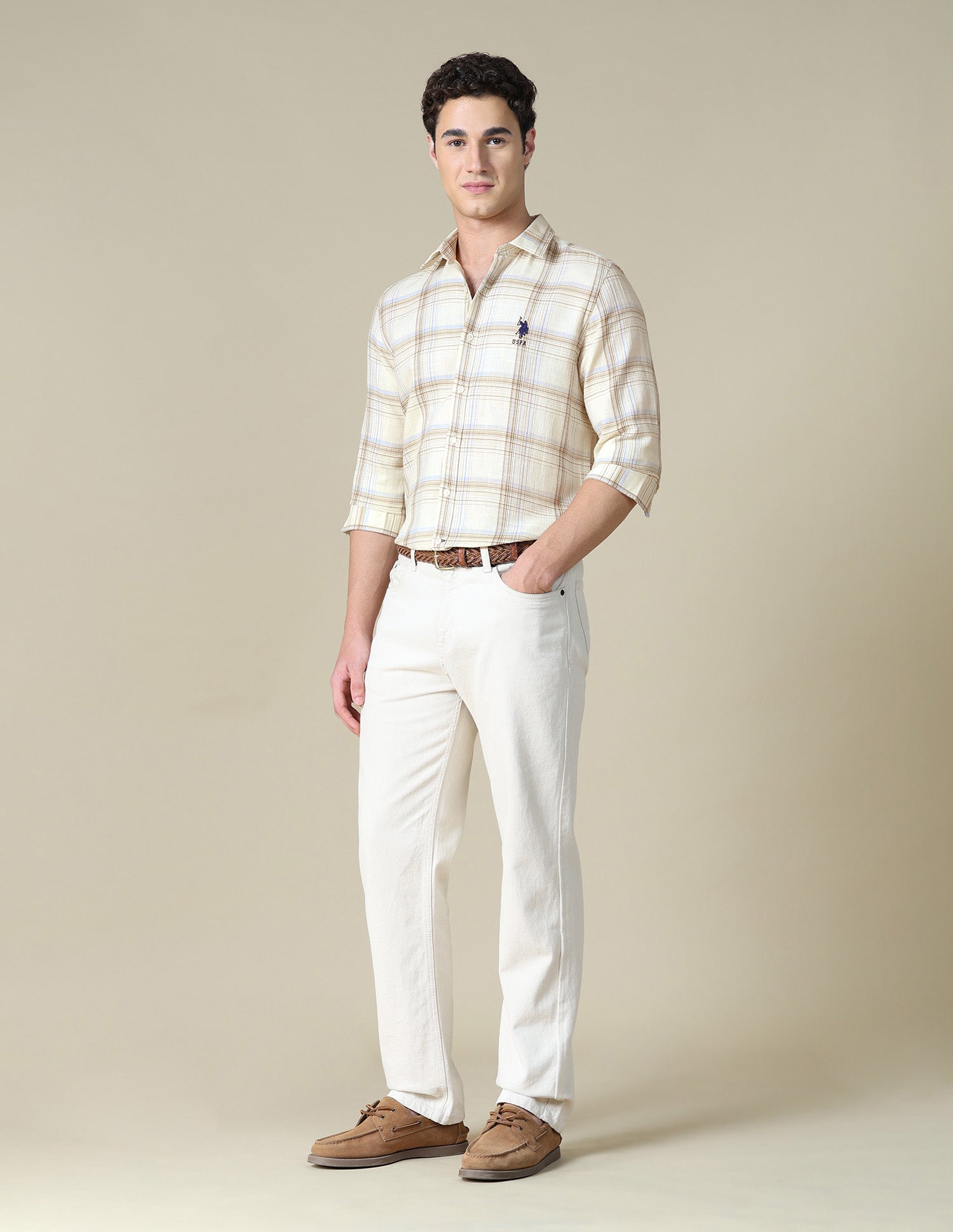 Grid Tattersall Checked Twill Shirt Ivory - U.S. Polo Assn. India | Large