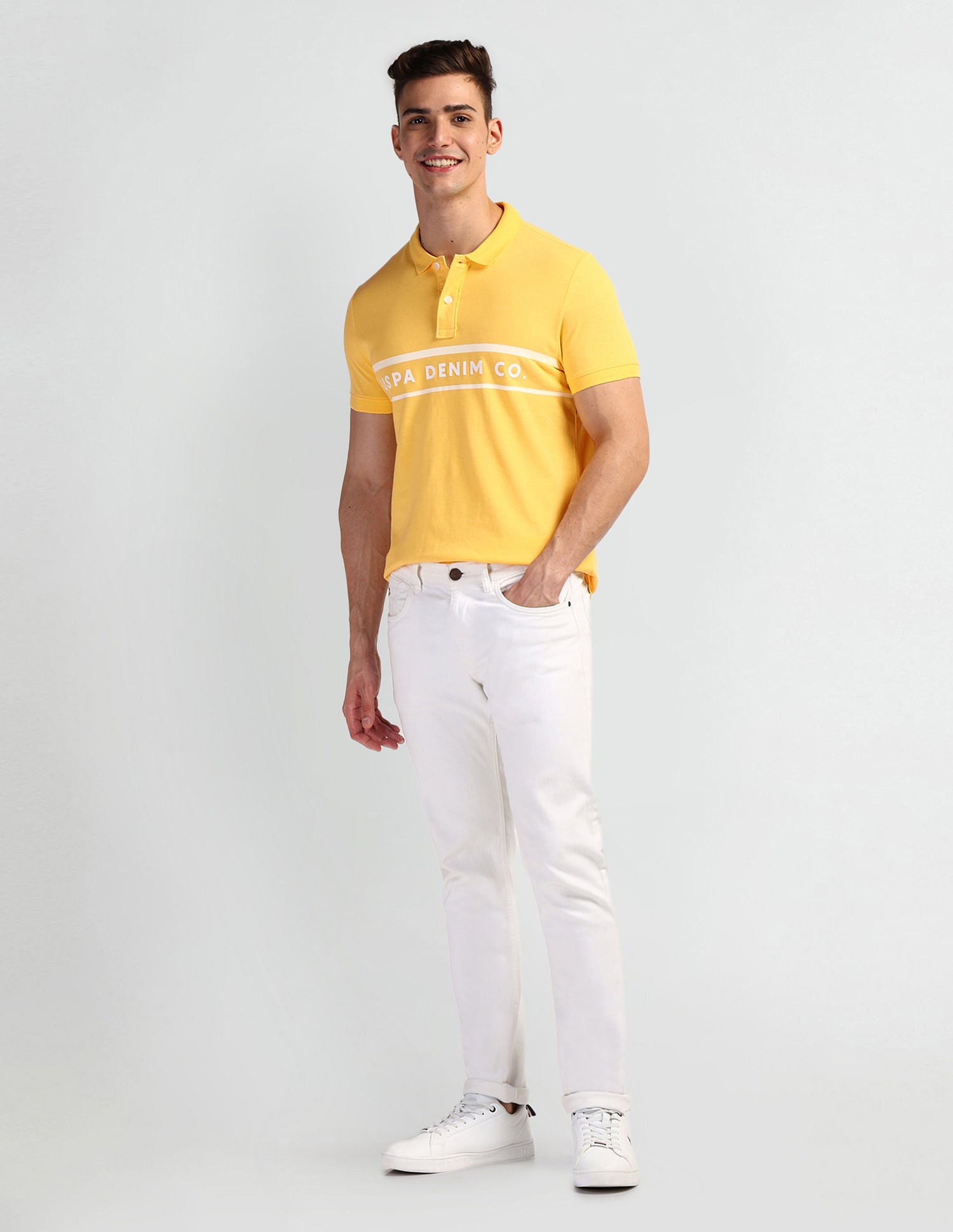 Brand Print Muscle Fit Polo Shirt Yellow - U.S. Polo Assn. India | Large