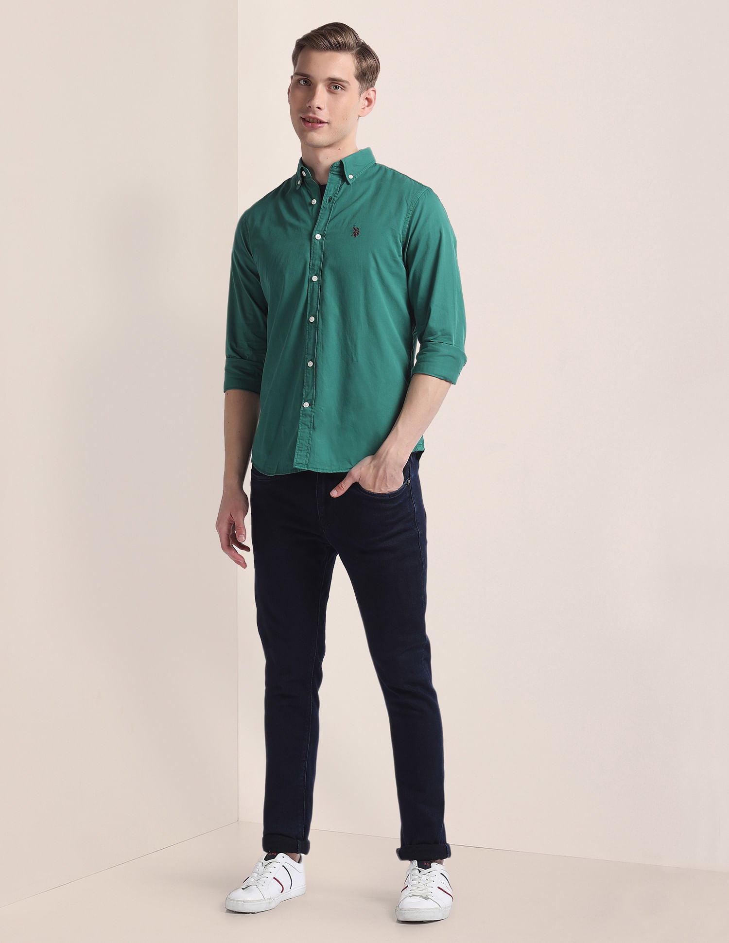 Button Down Collar Dyed Shirt Dark Green - U.S. Polo Assn. India | Large