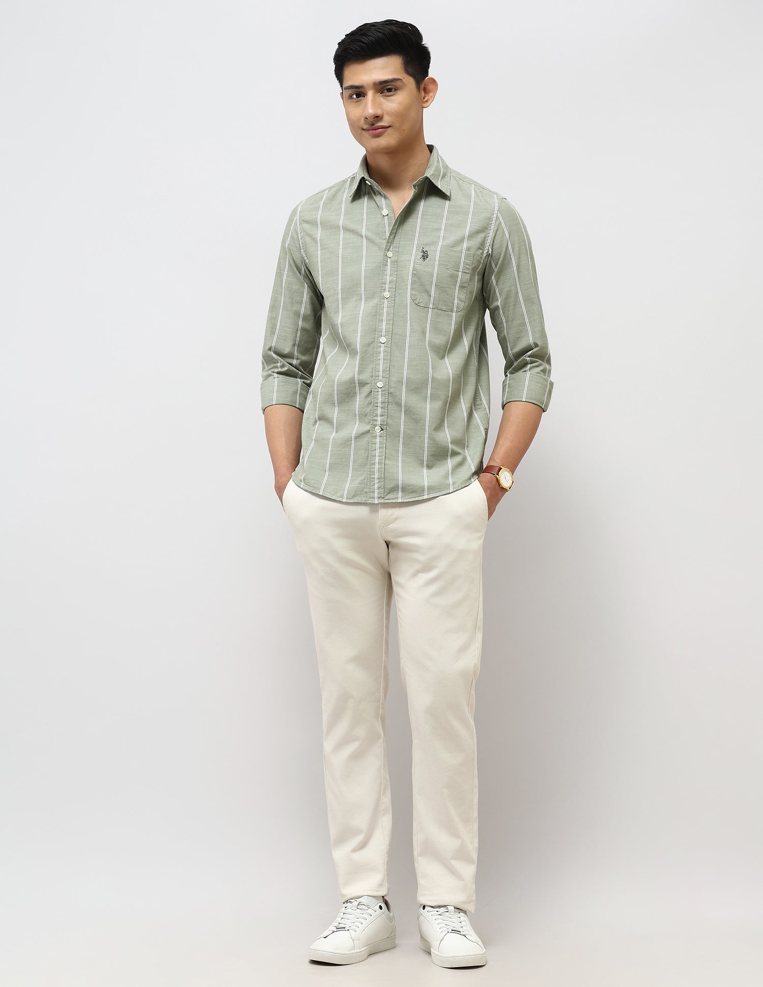 Vertical Striped Pure Cotton Shirt Light Olive - U.S. Polo Assn. India | Large