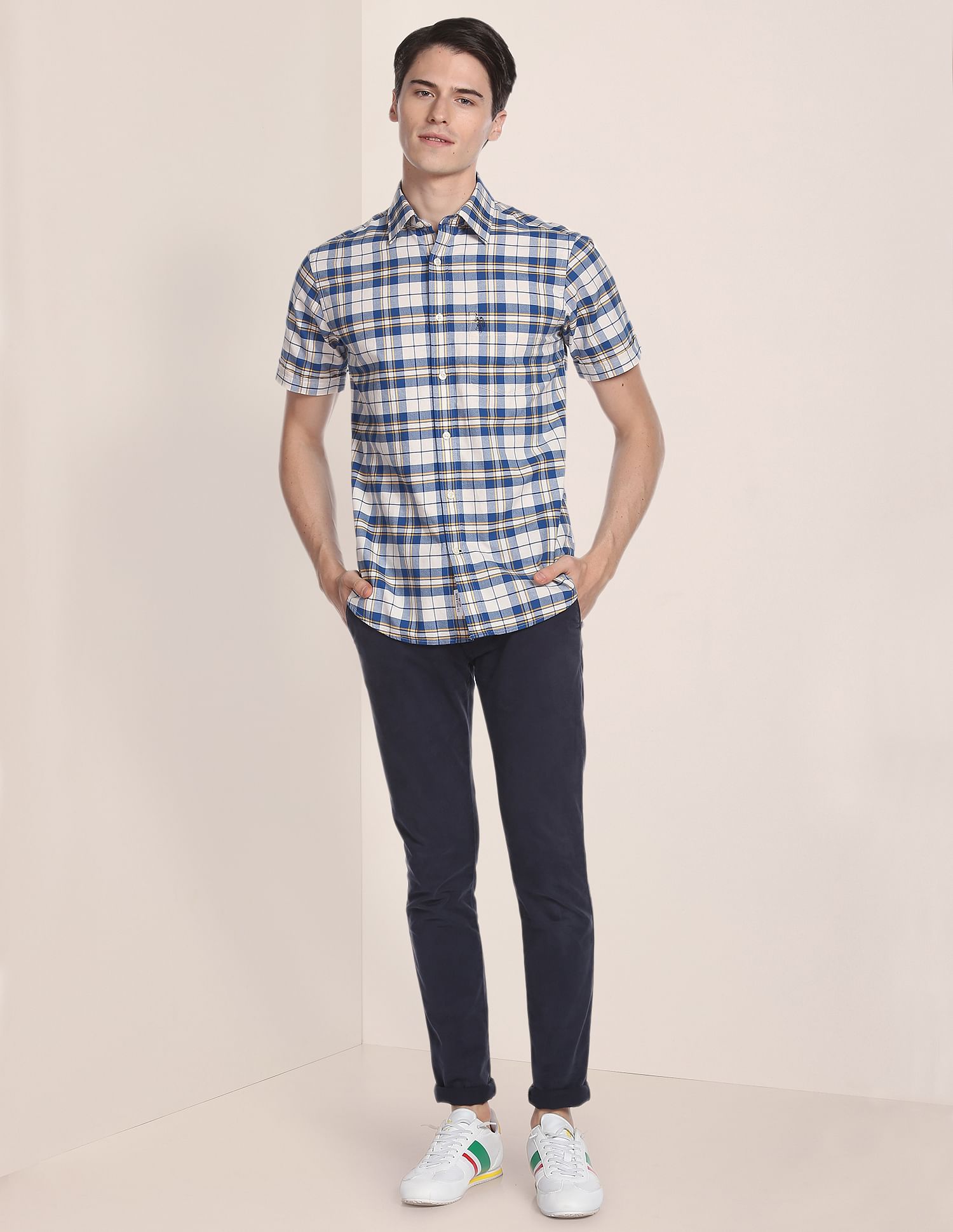 Oxford Check Cotton Casual Shirt Ivory and Navy - U.S. Polo Assn. India | Large