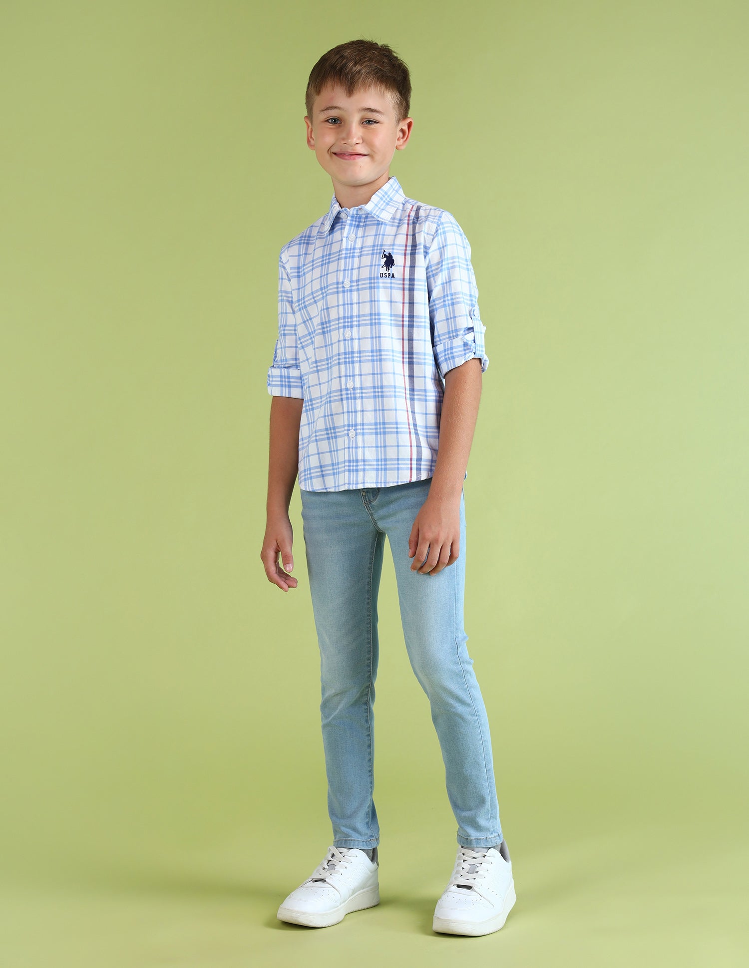 Boys Grid Tattersall Checked Regular Fit Shirt Light Blue - U.S. Polo Assn. India | Large