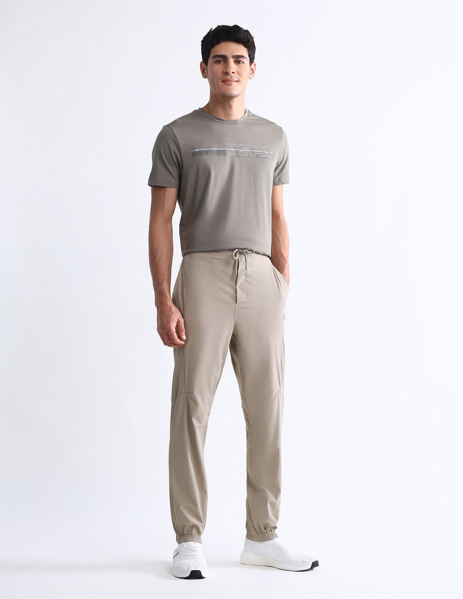 Solid Slim Fit Active Joggers Beige - U.S. Polo Assn. India | Large