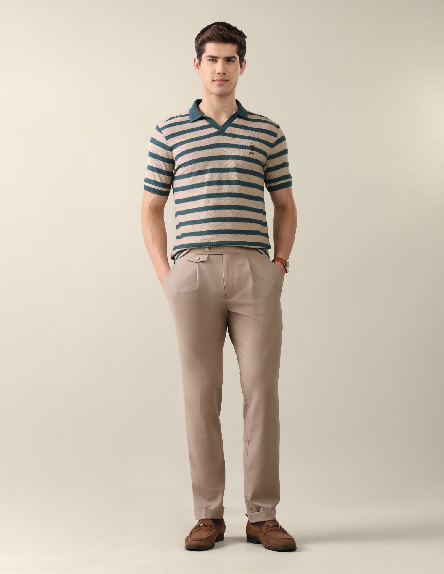 Horizontal Striped Slim Fit Polo Shirt Beige - U.S. Polo Assn. India | Large
