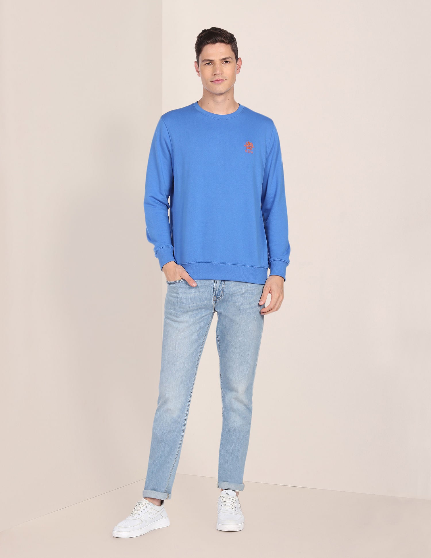 Men Blue Embroidered Logo Crew Neck Sweatshirt Blue - U.S. POLO ASSN. | Large