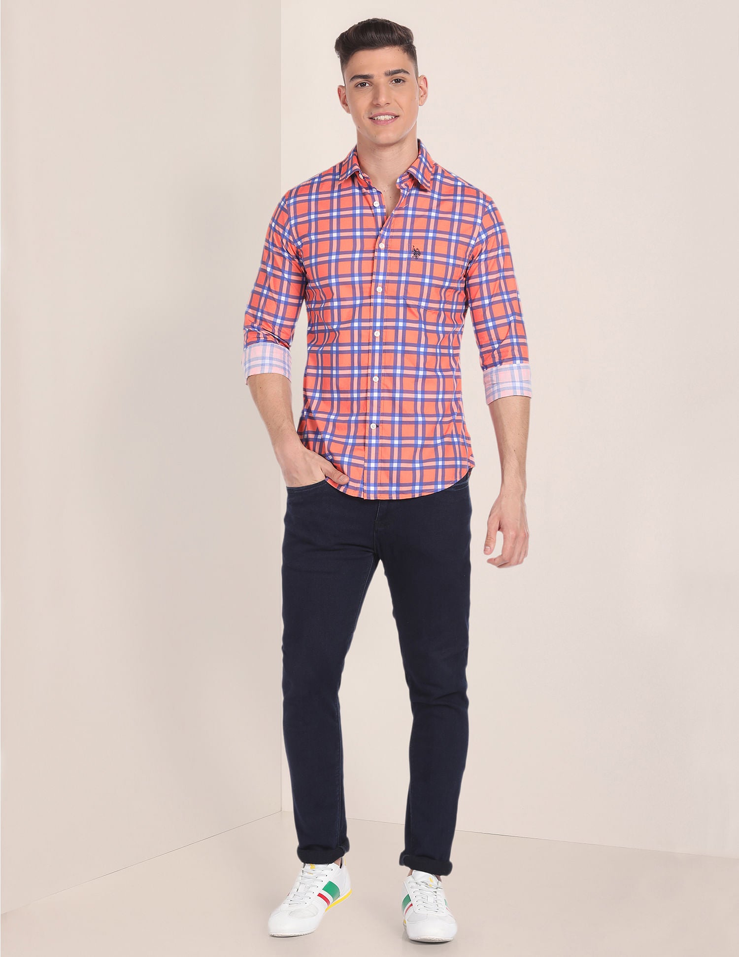 Tartan Check Cotton Shirt Orange - U.S. POLO ASSN. | Large