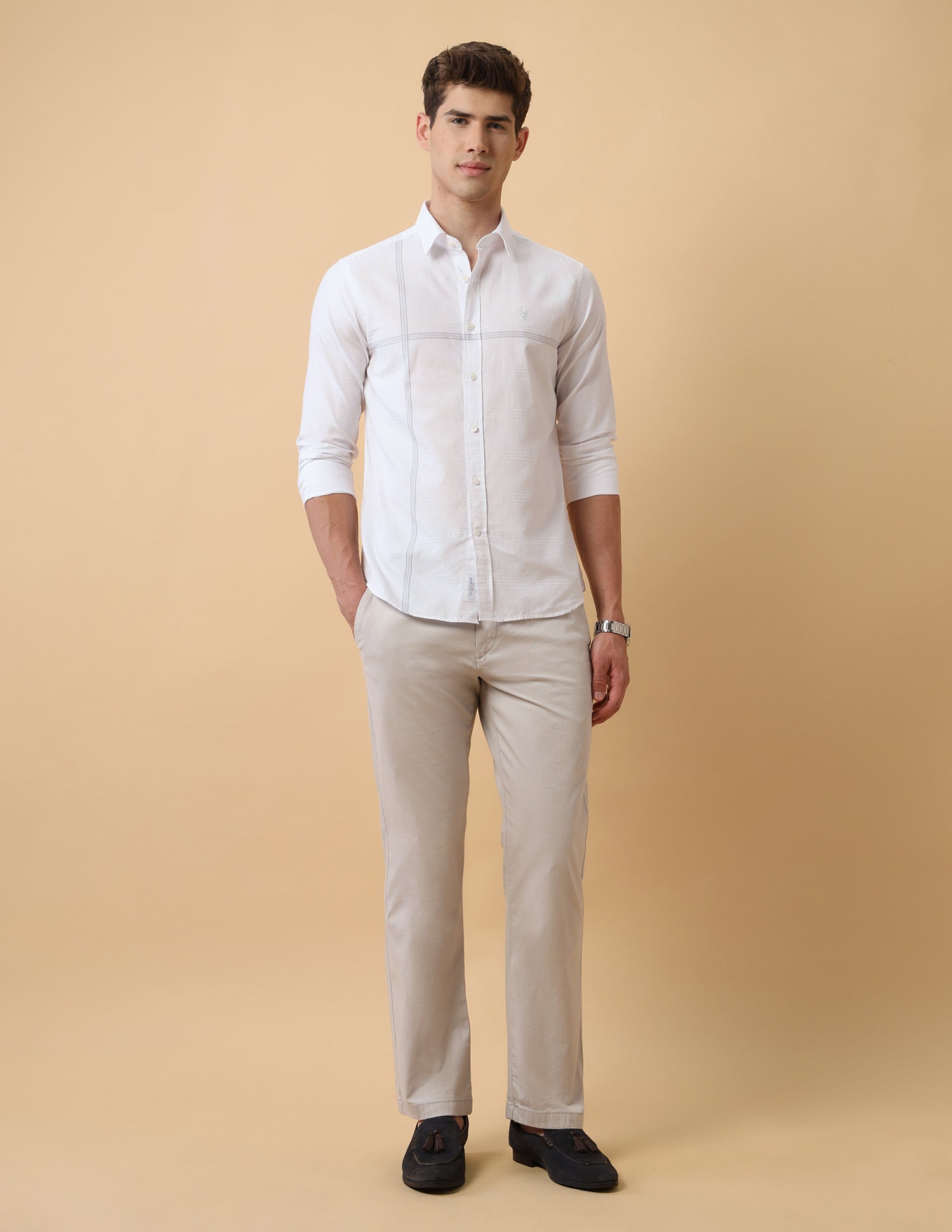 Textured Horizontal Striped Regular Fit Shirt Light Grey - U.S. Polo Assn. India | Large