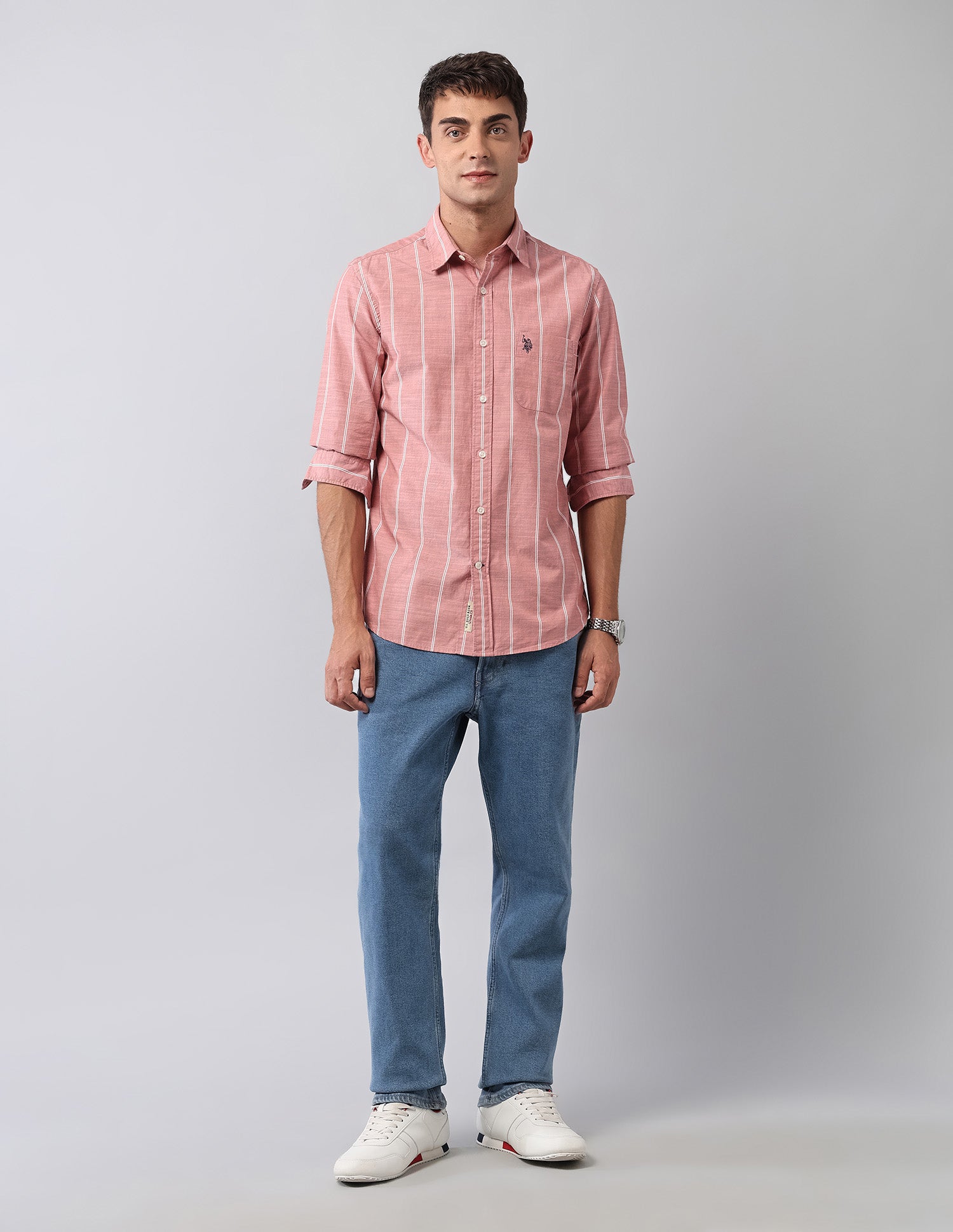 Pure Cotton Vertical Striped Shirt Peach - U.S. Polo Assn. India | Large