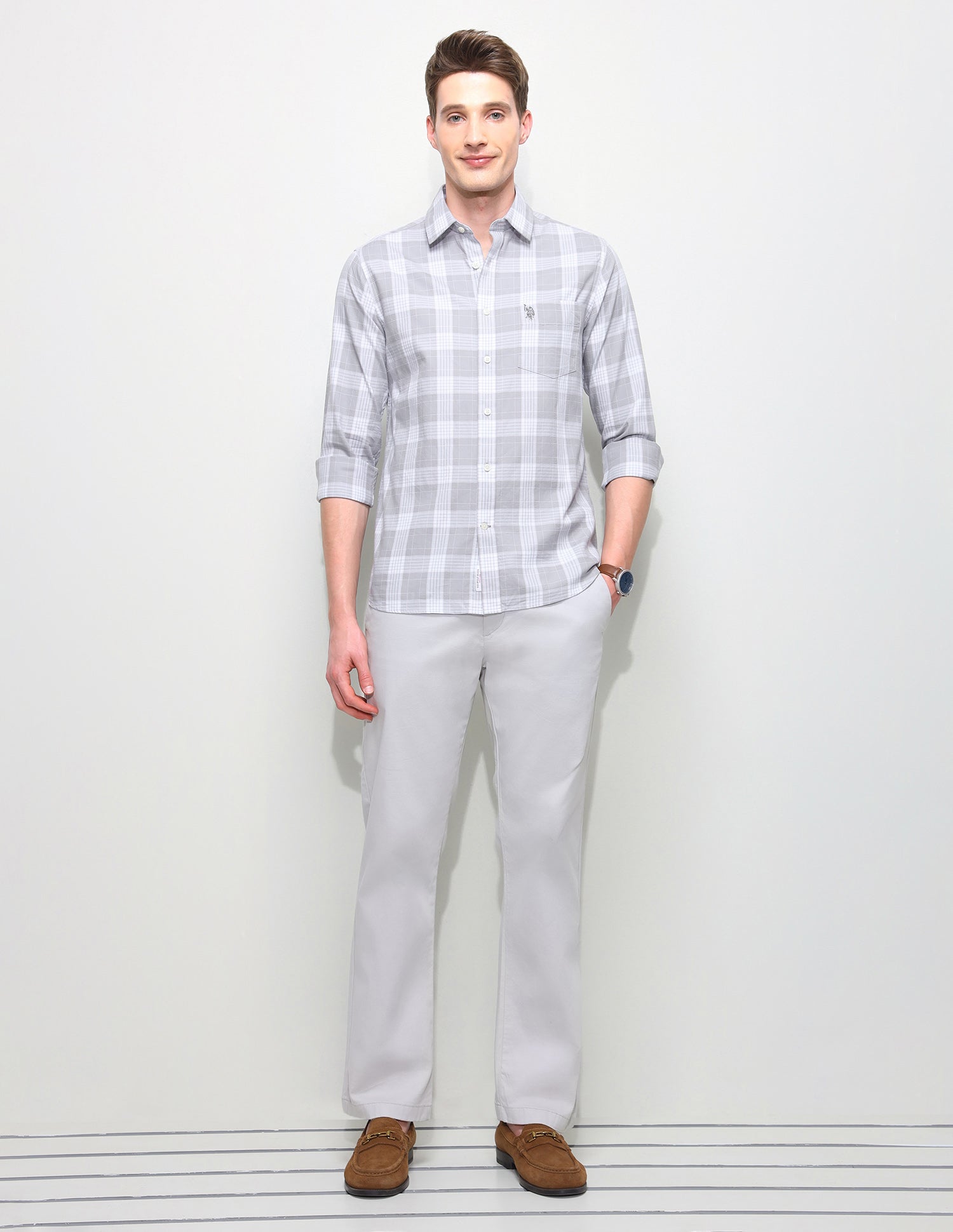 Twill Regular Fit Grid Tattersall Checked Shirt Light Grey - U.S. Polo Assn. India | Large