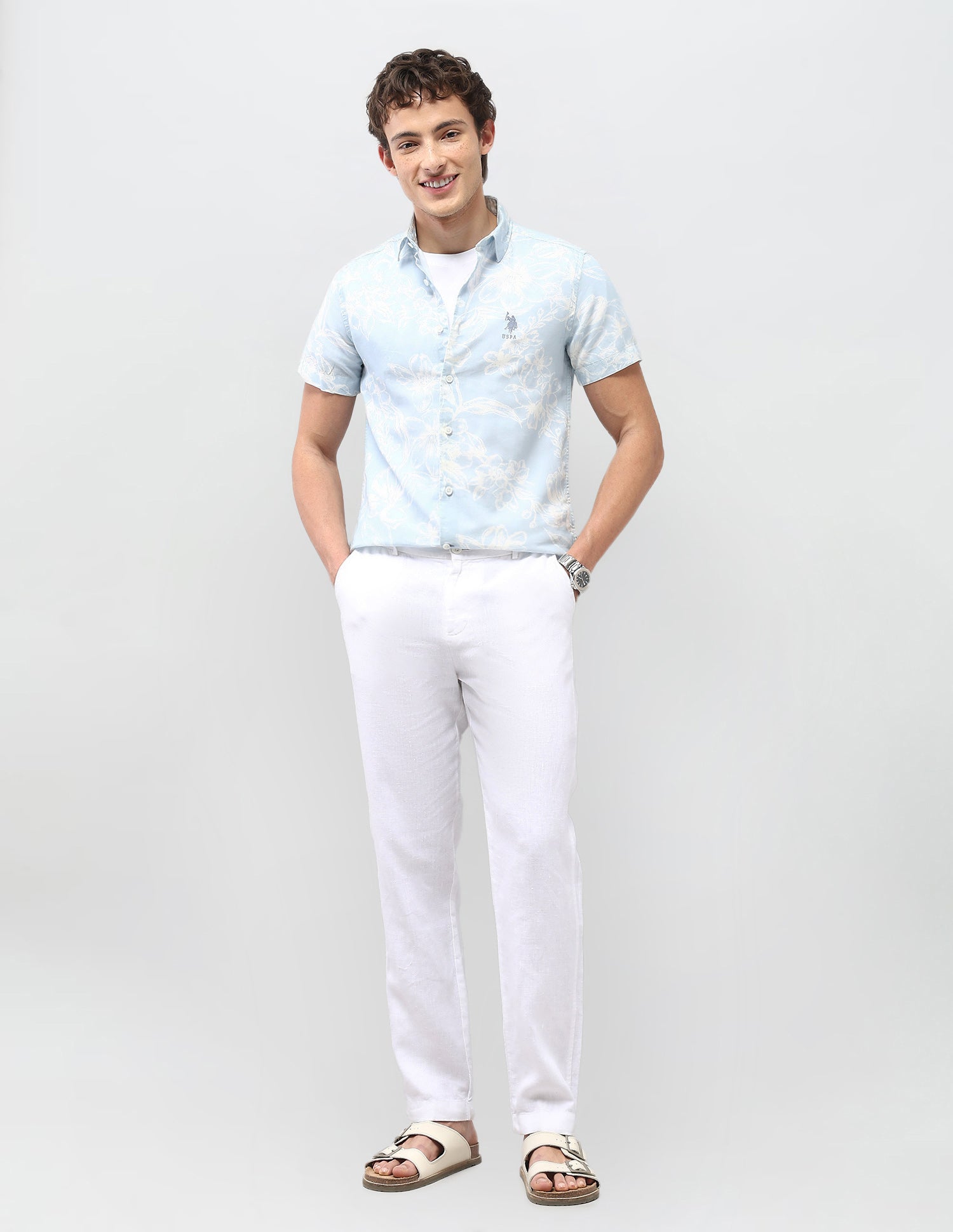 Floral Printed Regular Fit Shirt Light Blue - U.S. Polo Assn. India | Large