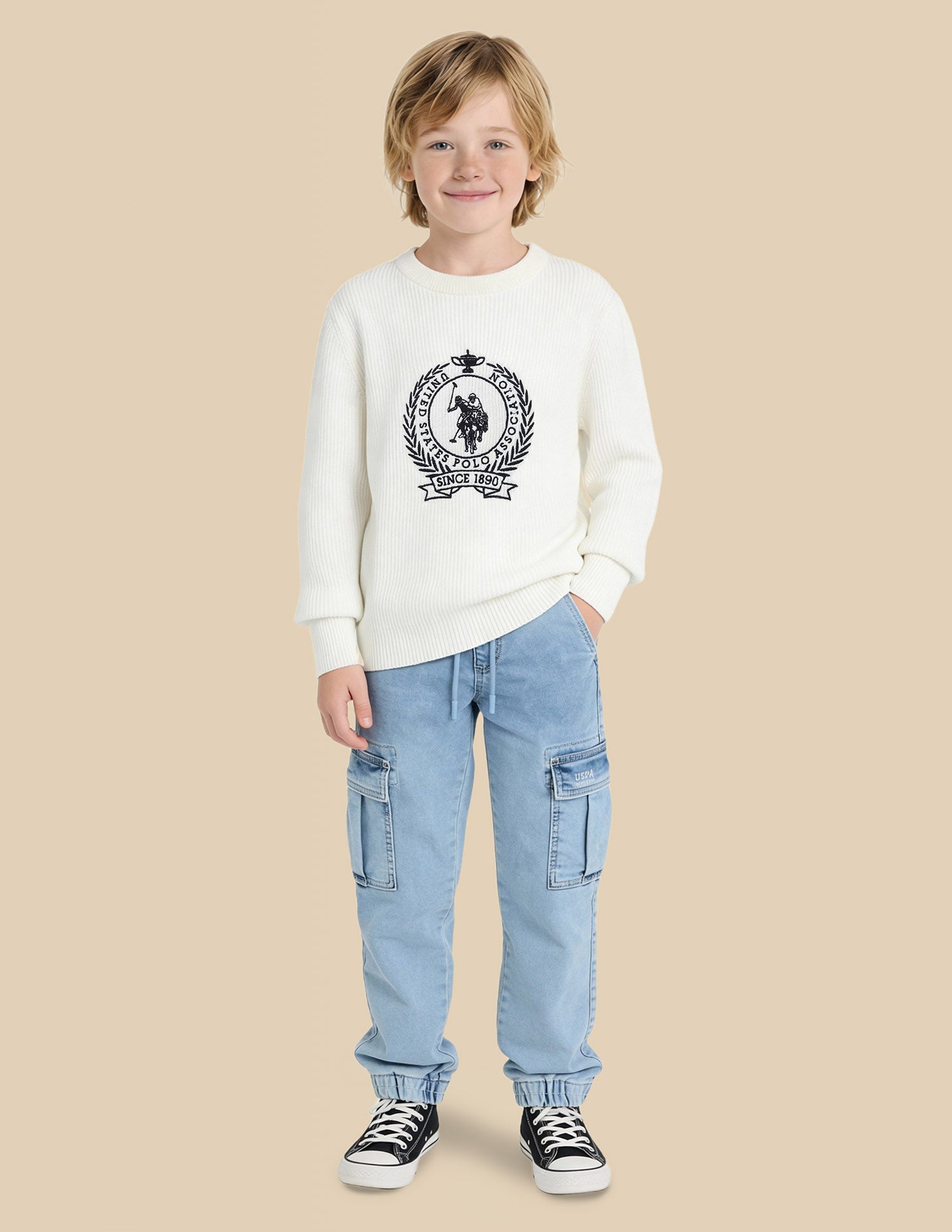 Boys Brand Embroidered Regular Fit Sweater White - U.S. Polo Assn. India | Large