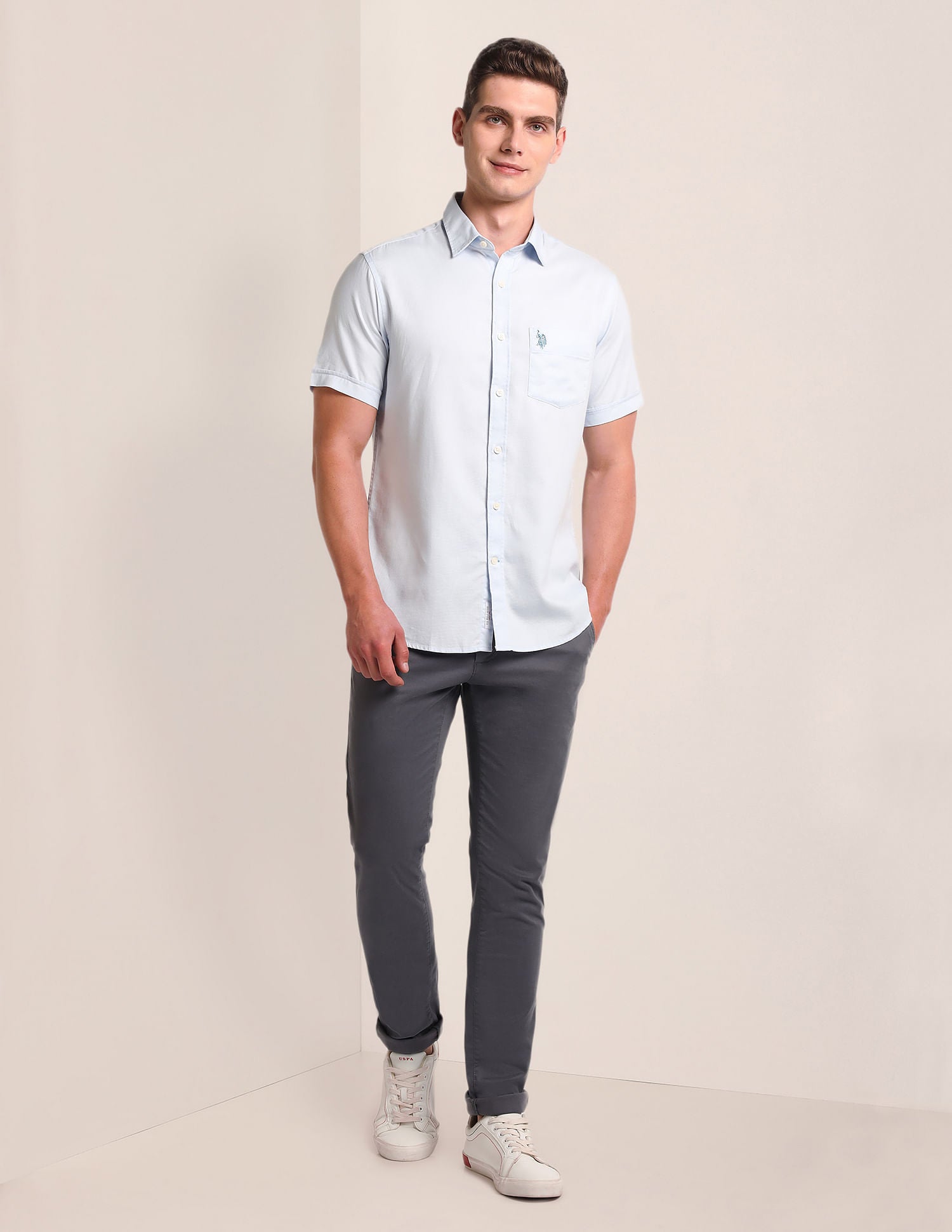 Tailored Regular Fit Solid Shirt Blue - U.S. Polo Assn. India | Large