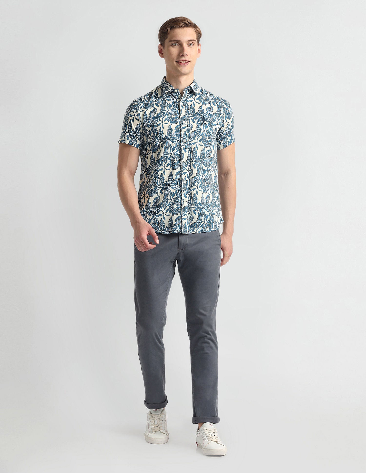 Tropical Print Slim Fit Shirt Blue - U.S. POLO ASSN. | Large