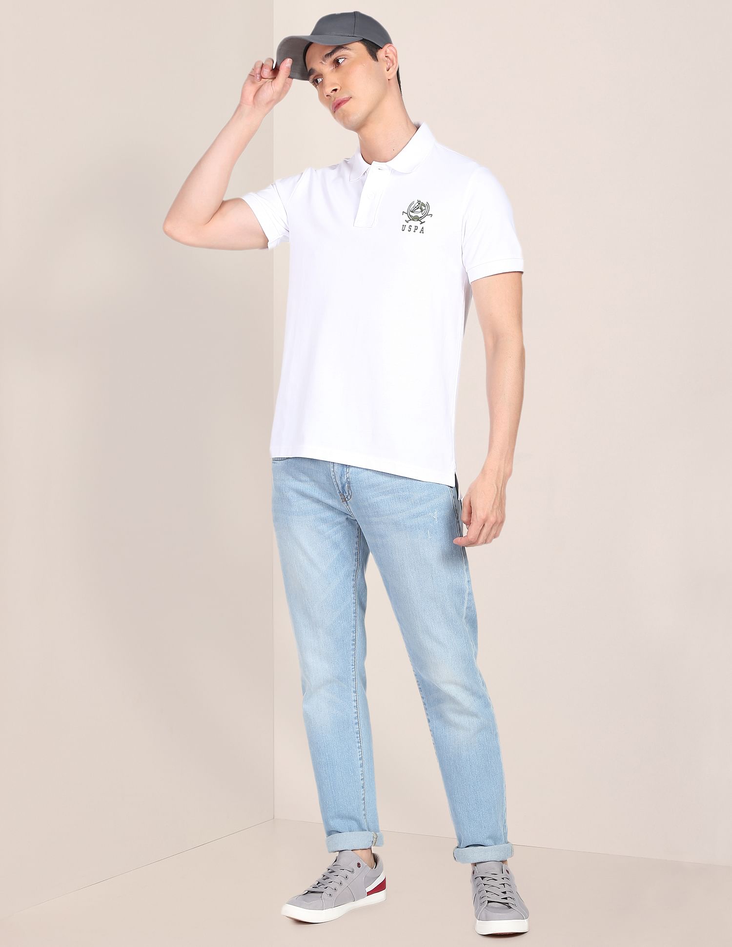 Men White Embroidered Logo Solid Cotton Polo Shirt White - U.S. Polo Assn. India | Large