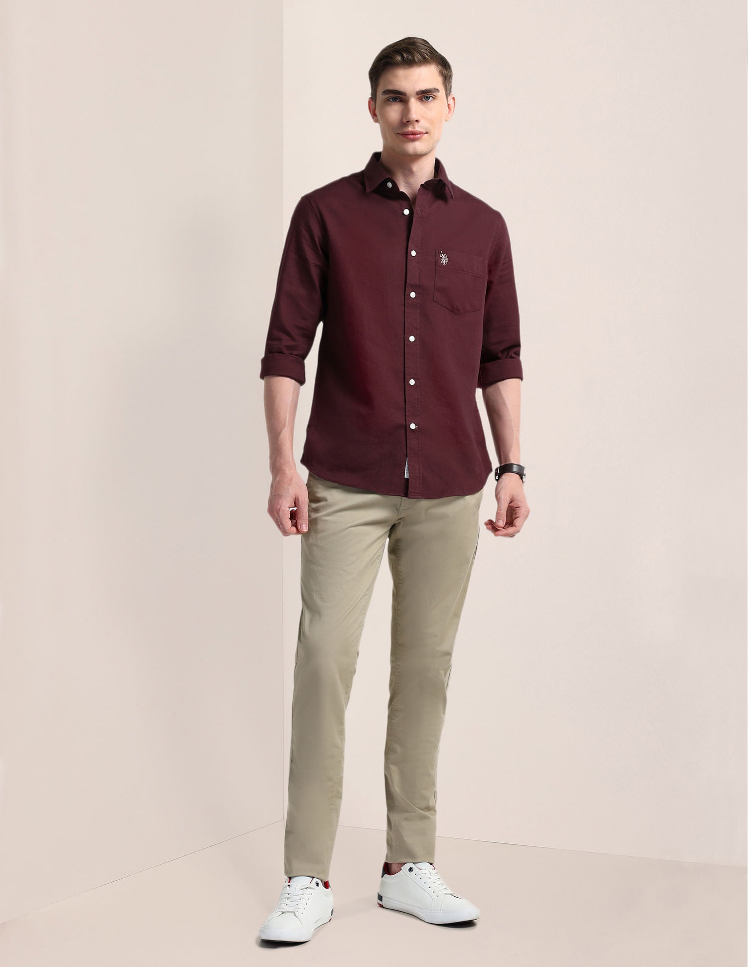 Cutaway Collar Premium Cotton Shirt Maroon - U.S. POLO ASSN. | Large