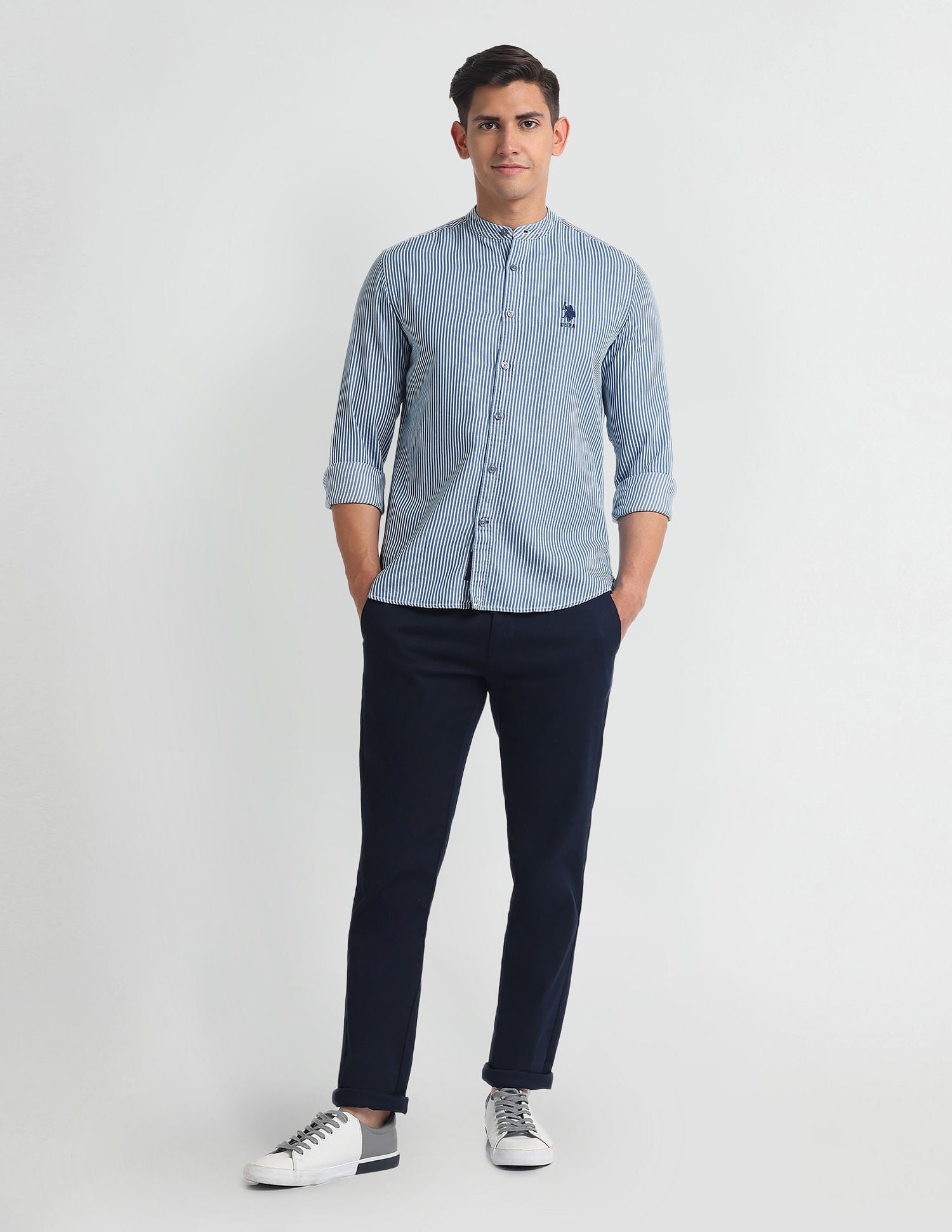 Mandarin Collar Twill Shirt Blue - U.S. Polo Assn. India | Large