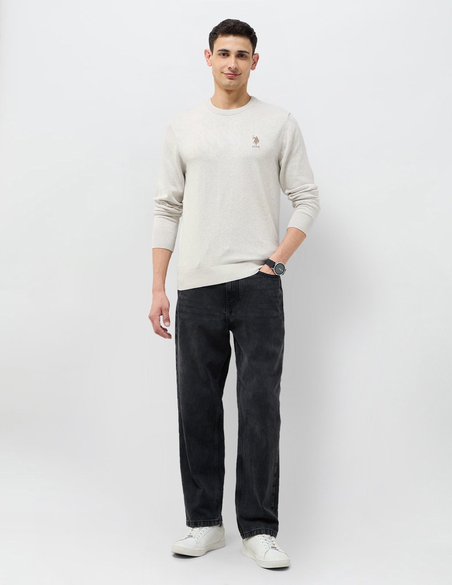 Solid Regular Fit Sweater Off White - U.S. POLO ASSN. | Large