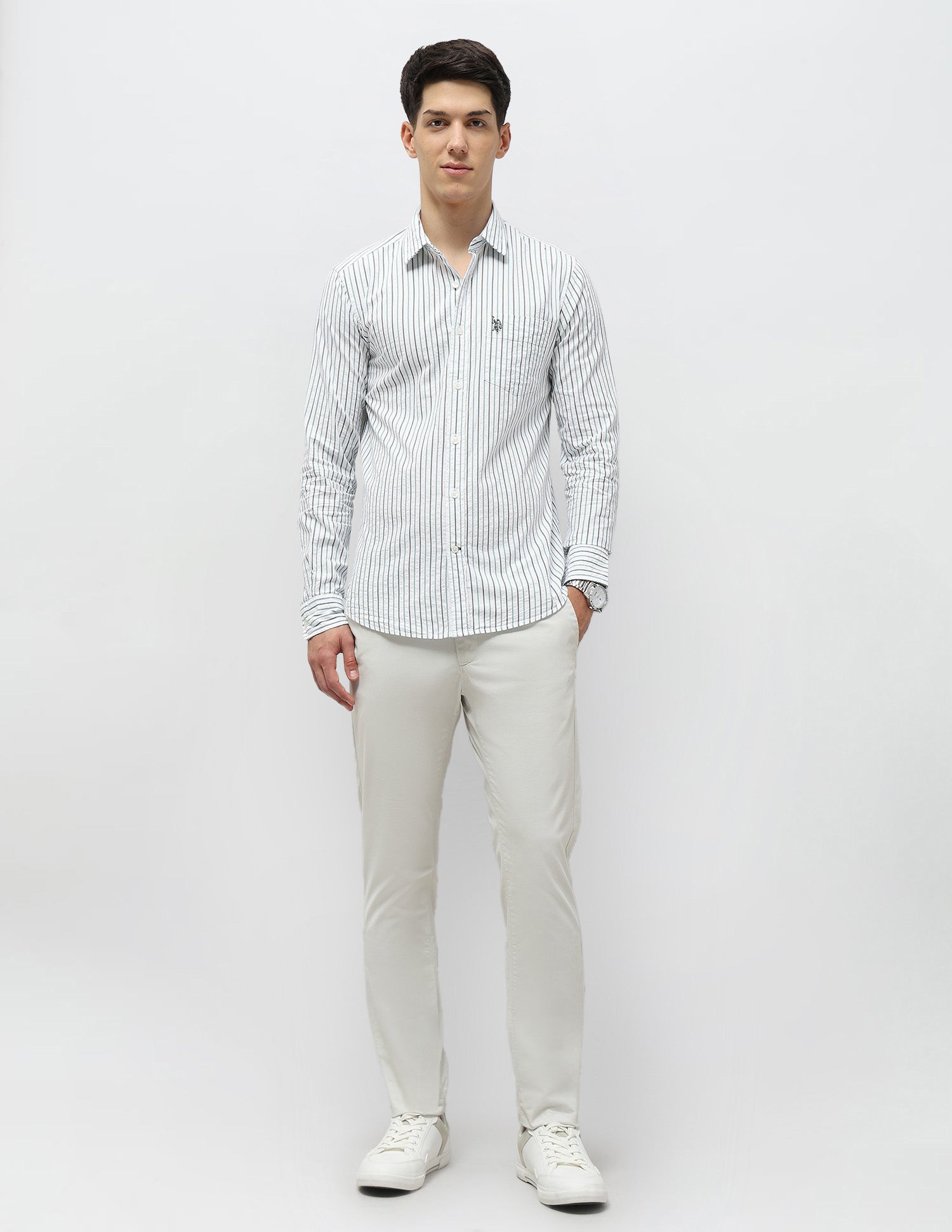 Vertical Striped Seersucker Shirt Light Green - U.S. Polo Assn. India | Large