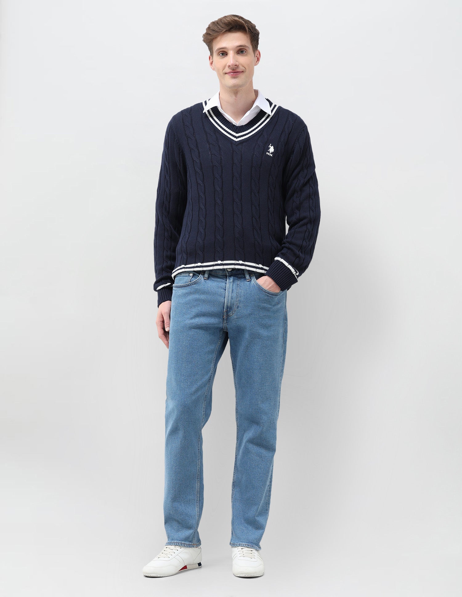 Patterned Cable Knit Regular Fit Sweater Navy - U.S. Polo Assn. India | Large