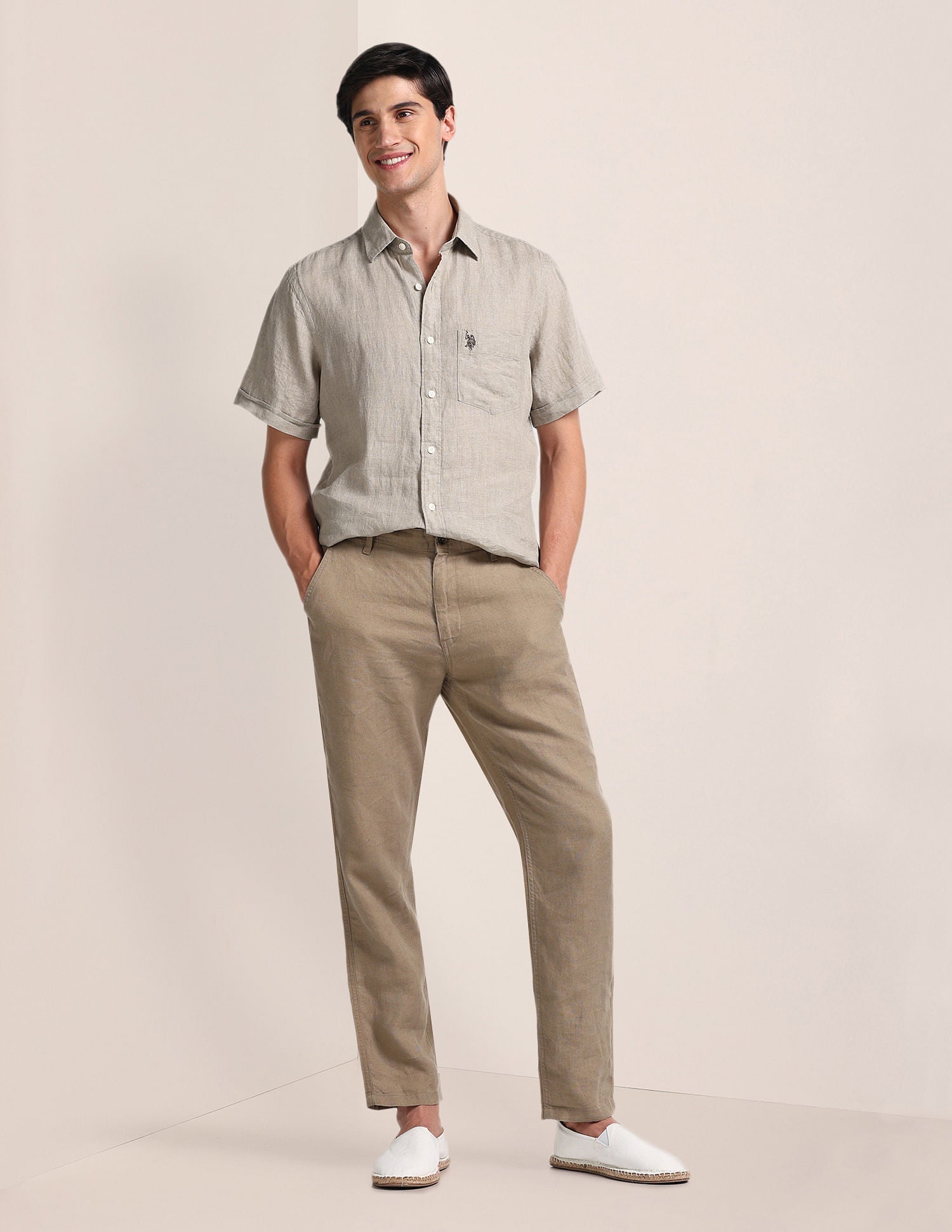 Tailored Fit Linen Shirt Beige - U.S. POLO ASSN. | Large