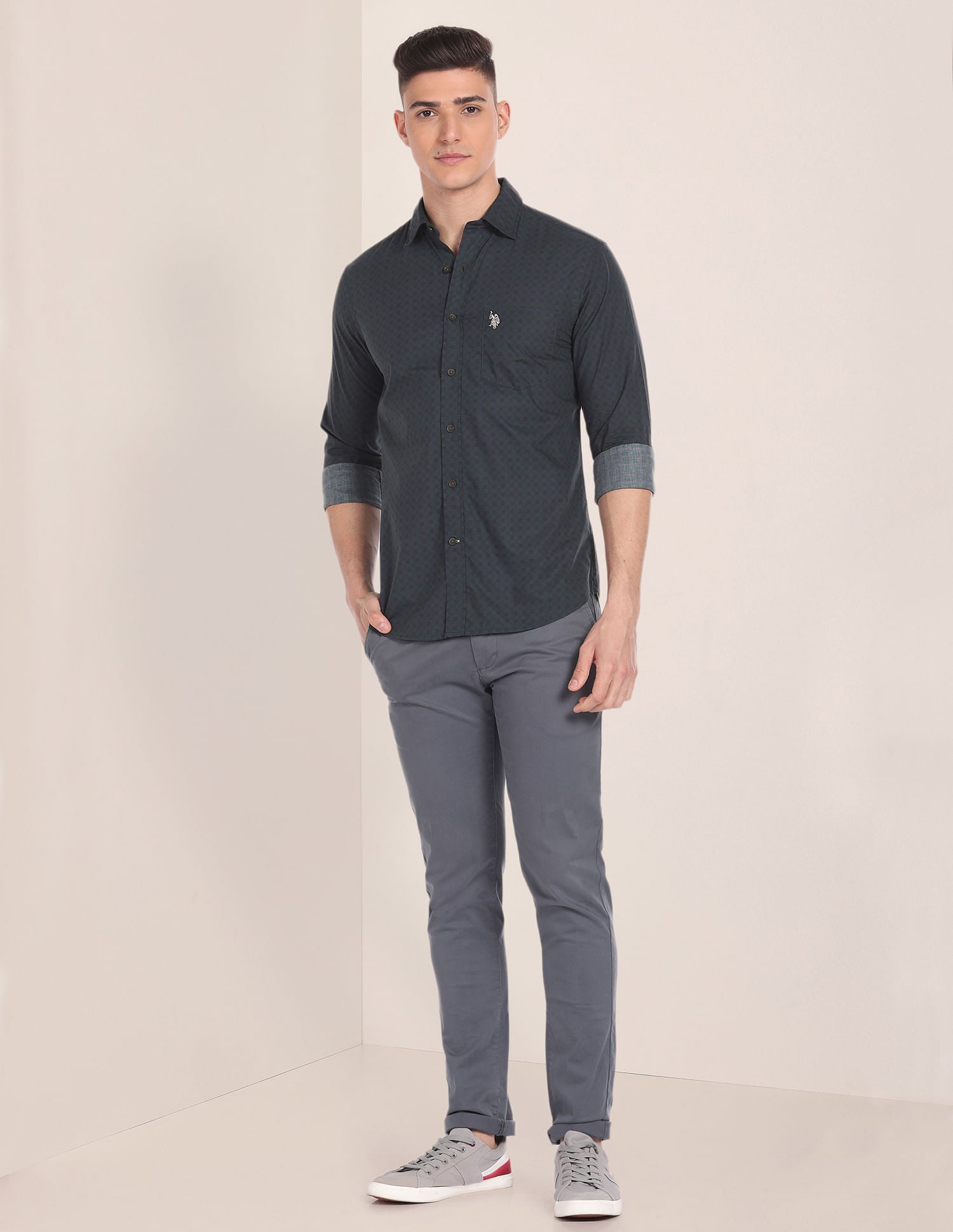 Spread Collar Check Shirt Green - U.S. POLO ASSN. | Large