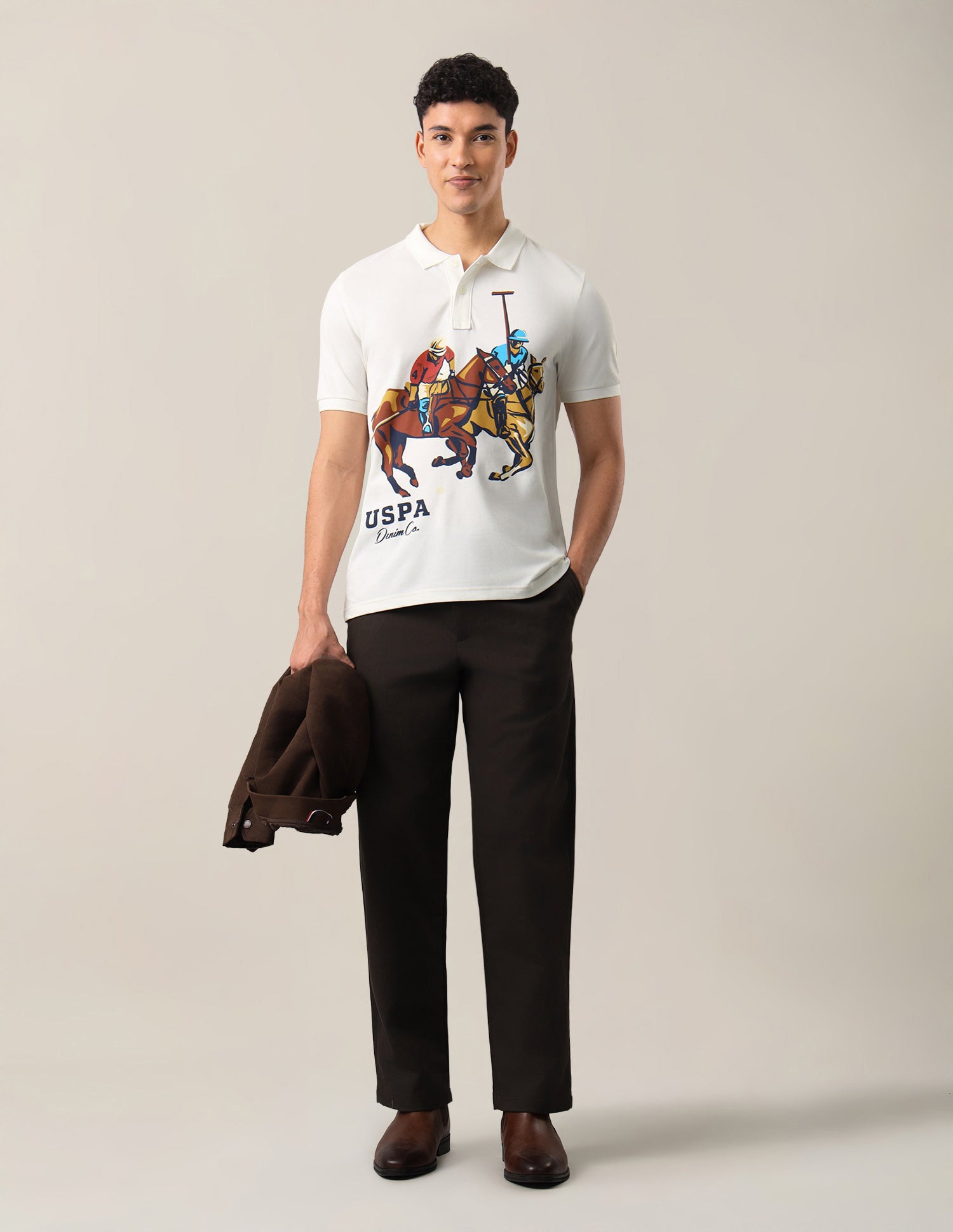 Graphic Brand Printed Slim Fit Polo Shirt Ivory - U.S. Polo Assn. India | Large
